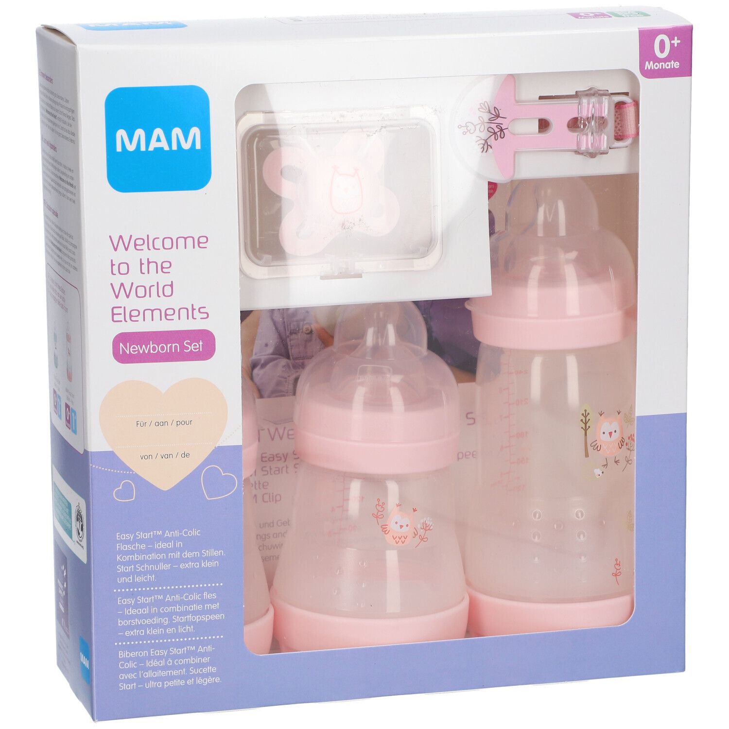 Coffret cadeau nouveau-né rose. Comprend biberons, sucette et attache-sucette. Logo MAM et nom du produit visibles.