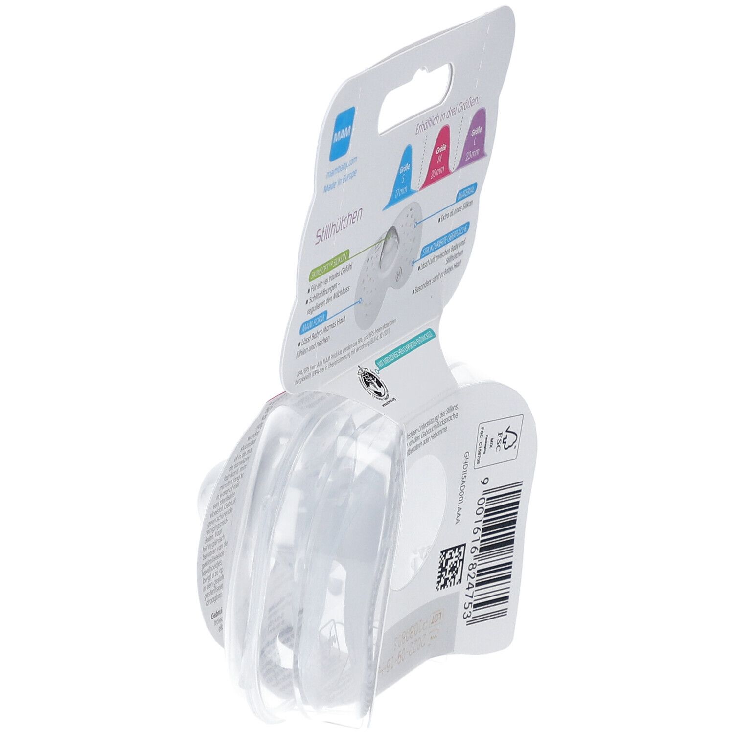 Rückseite der Verpackung mit Stillhütchen. Größen S, M, L. Informationen zu Material und Eigenschaften. Ansicht schräg.