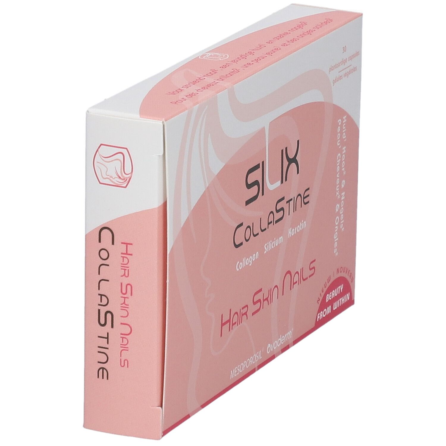 Boîte rose et blanche "SILIX Kollastine". Contient des gélules pour la peau, les cheveux et les ongles. Inscription : "Hair Skin Nails".