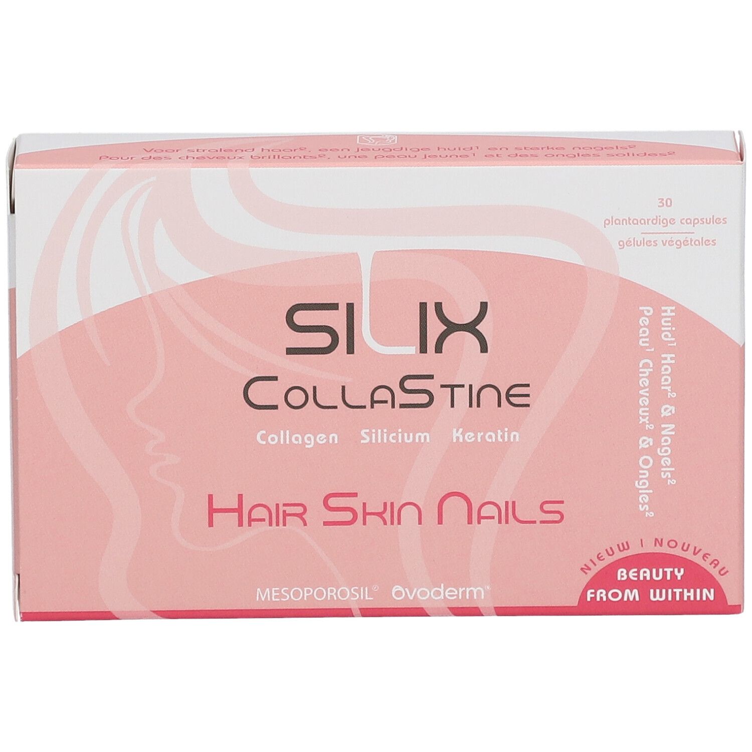 Boîte rose "SILIX Kollastine". Contient des gélules pour la peau, les cheveux et les ongles. Inscription : "Hair Skin Nails".