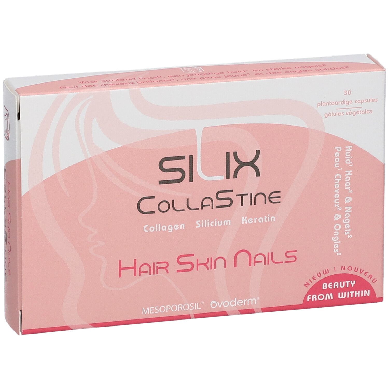 Boîte rose "SILIX Kollastine". Contient des gélules pour la peau, les cheveux et les ongles. Inscription : "Hair Skin Nails".