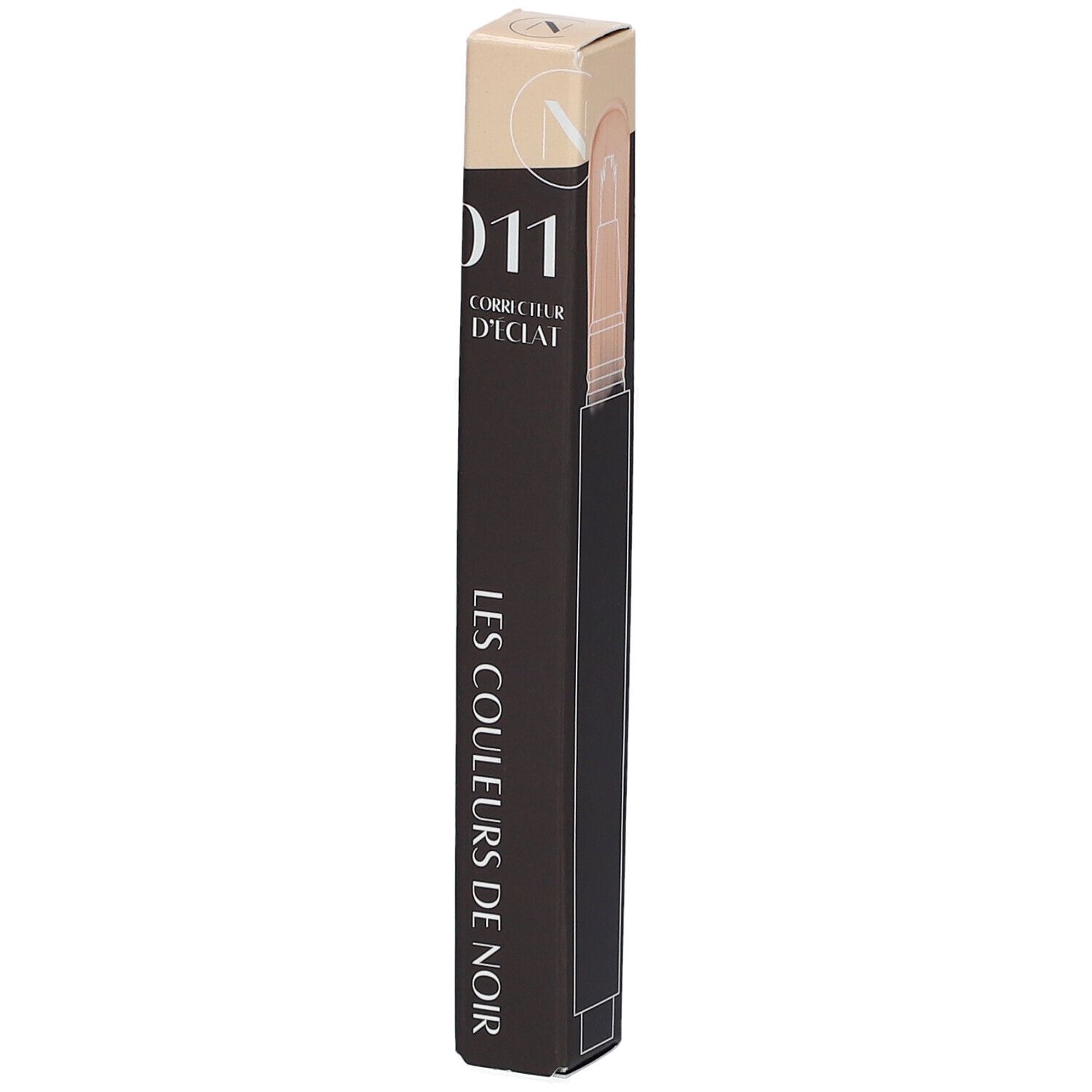Emballage de correcteur. Noir avec texte beige. Inscription : 011, Correcteur d'Éclat, Les Couleurs de Noir.