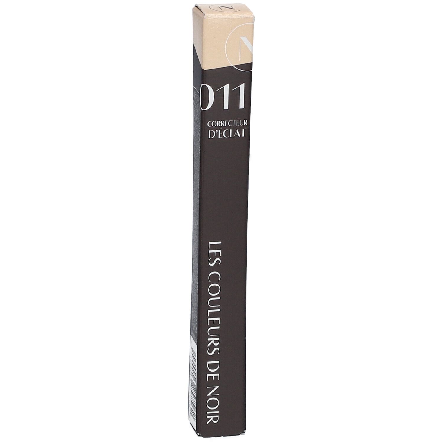 Emballage de correcteur. Noir avec texte beige. Inscription : 011, Correcteur d'Éclat, Les Couleurs de Noir.