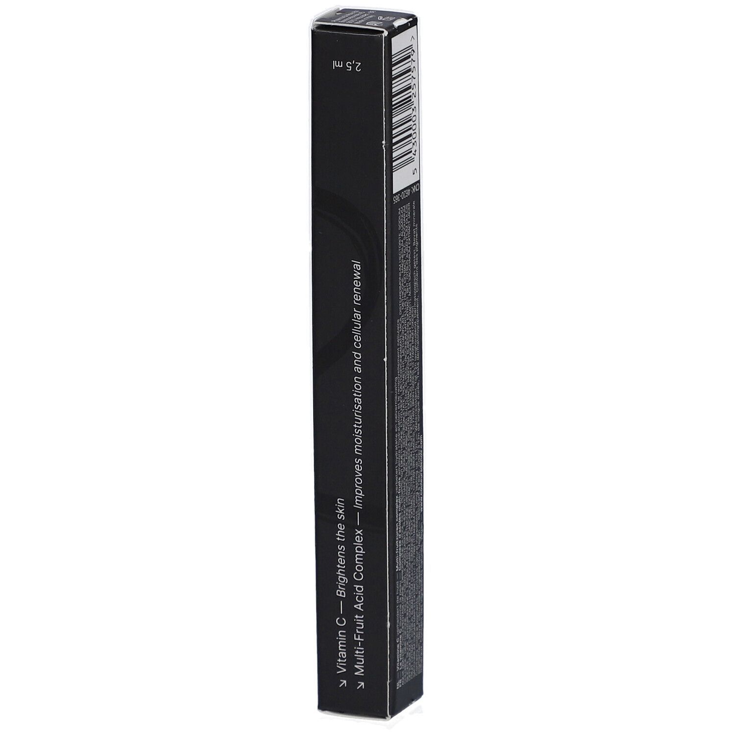 Boîte noire avec texte. Texte: Vitamine C, Complexe multi-acides de fruits, 2,5 ml. Améliore l'hydratation et le renouvellement cellulaire.