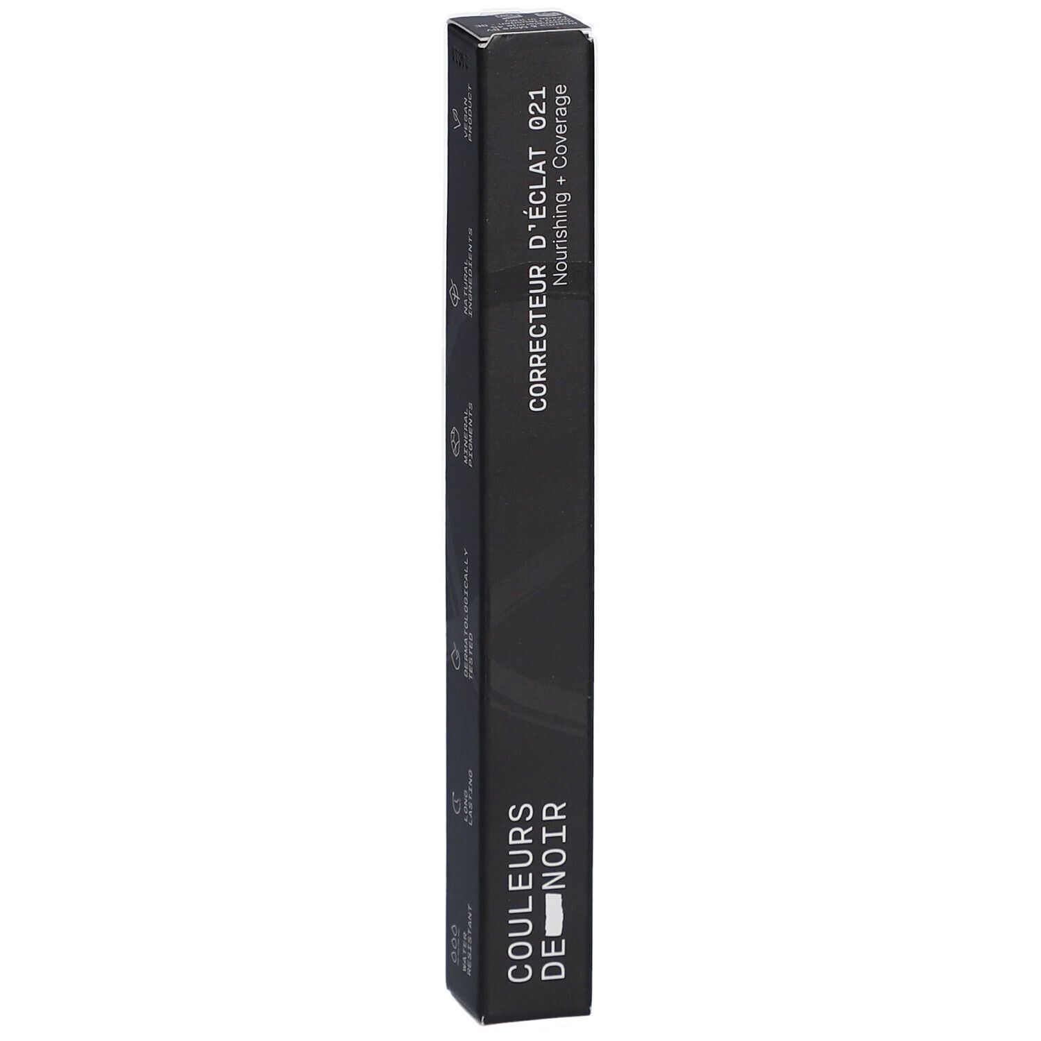 Boîte noire avec informations produit. Texte: CORRECTEUR D'ÉCLAT 021, Couleurs de Noir. Couvrance + Soin.