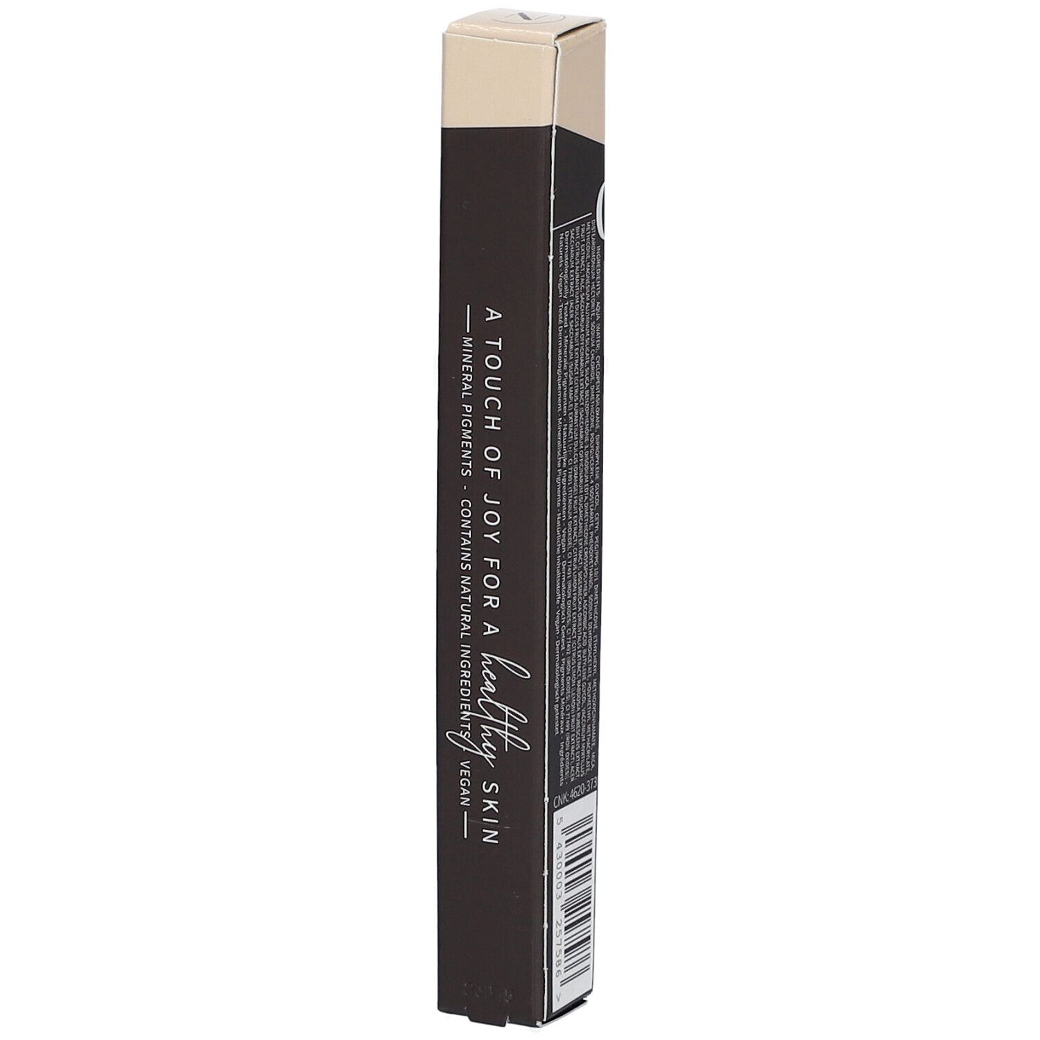 Boîte noire avec texte: A touch of joy for a healthy skin. Contient des ingrédients naturels, vegan.