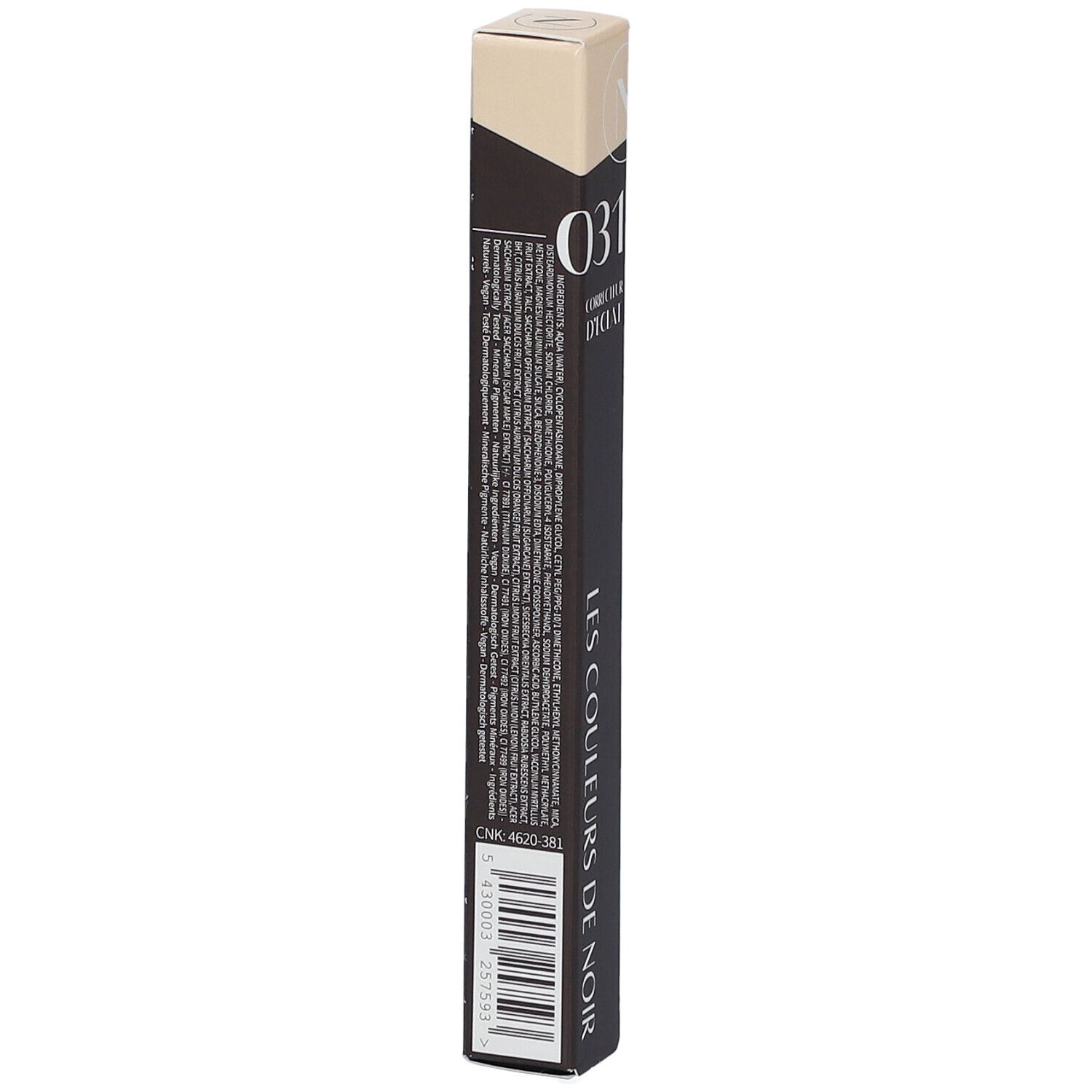Dos de l'emballage du Glow Corrector 031 Grün. Texte: LES COULEURS DE NOIR. Informations produit et code-barres.