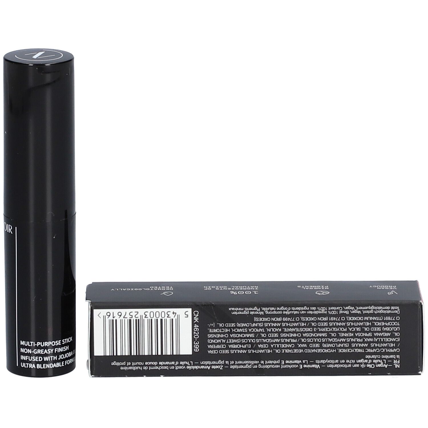 Stick de blush crémeux noir et emballage. Inscription : Creamy Blush Stick 01. Ingrédients sur l'emballage.