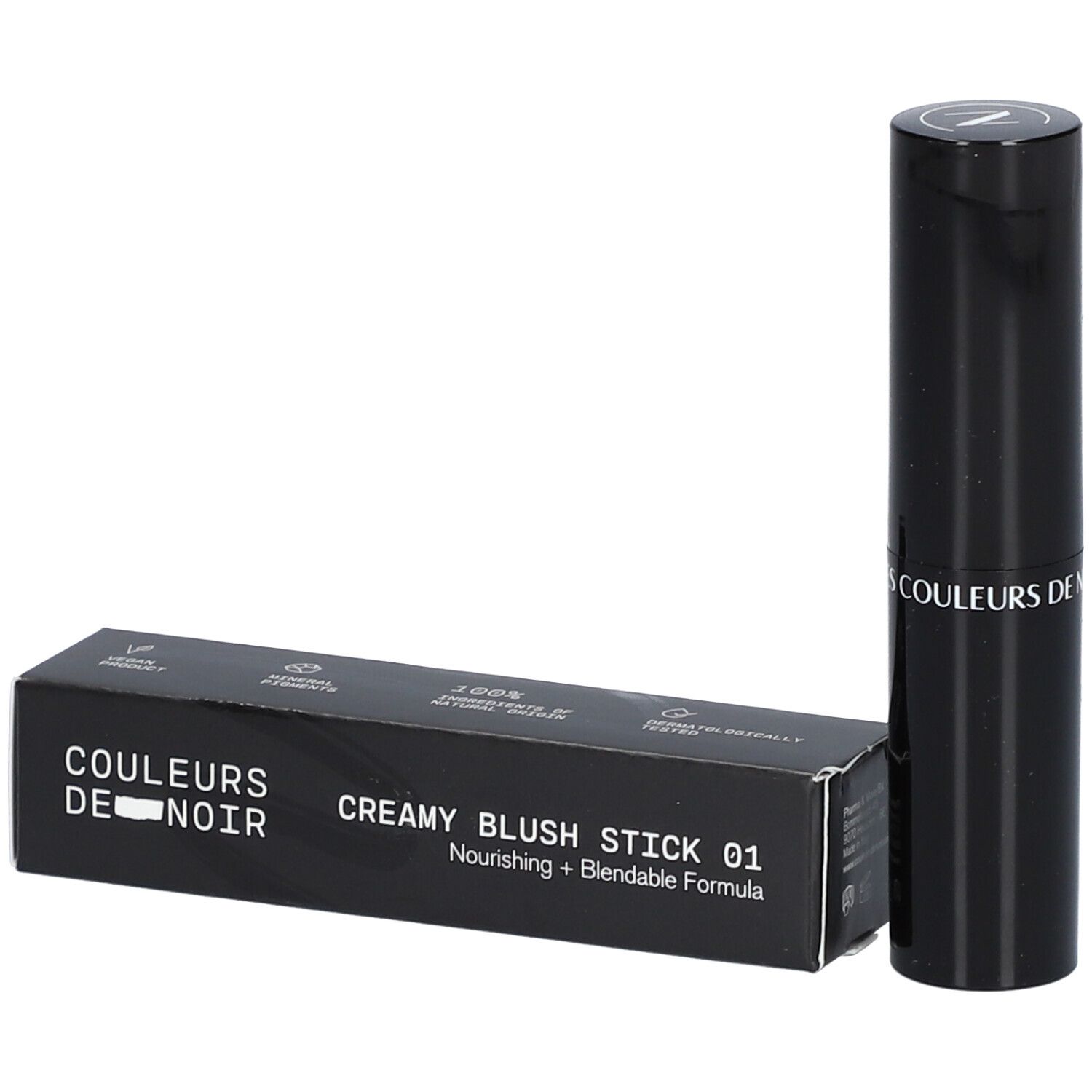 Stick de blush crémeux noir et emballage. Inscription : Creamy Blush Stick 01. LES COULEURS DE NOIR.
