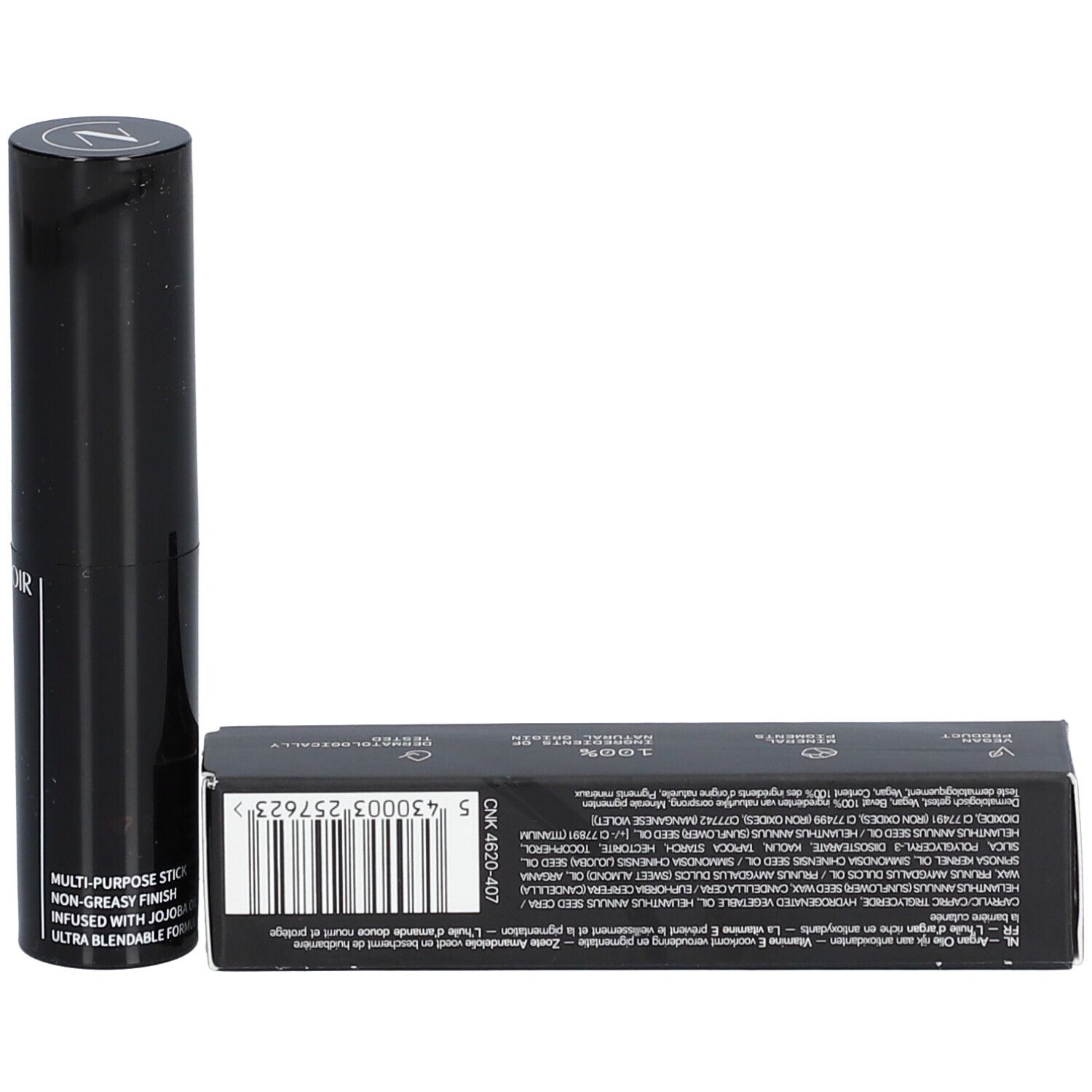 Stick de blush crémeux noir et emballage. Inscription: COULEURS DE NOIR, CREAMY BLUSH STICK 02 Soft Pink.