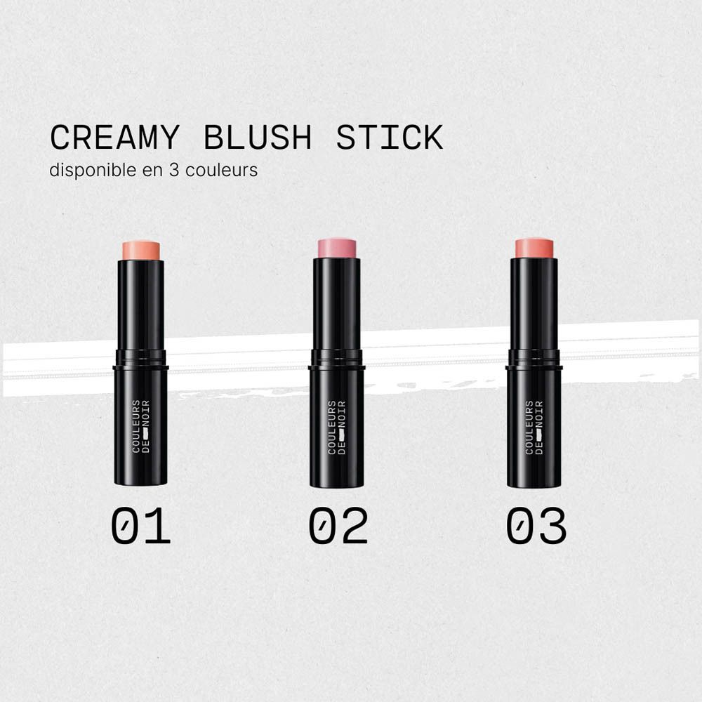 Trois sticks de blush crémeux de différentes couleurs. Inscription: CREAMY BLUSH STICK, LES COULEURS DE NOIR.