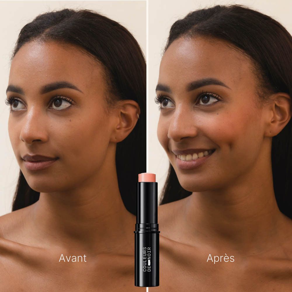 Comparaison avant-après. Femme avec stick de blush crémeux. Inscription: COULEURS DE NOIR.