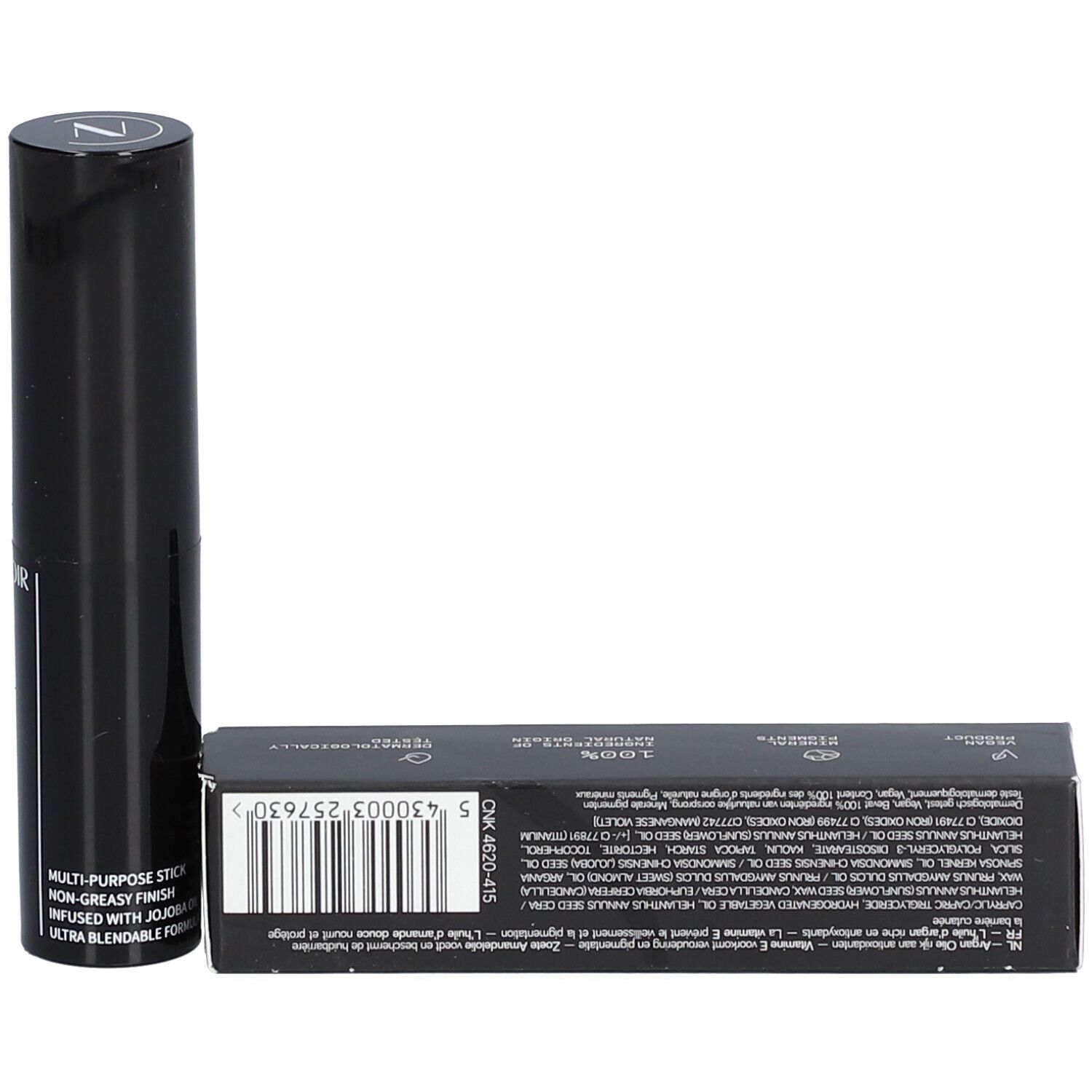 Stick de blush crémeux et emballage. L'emballage indique : Creamy Blush Stick 03. Les Couleurs de Noir. Code-barres.