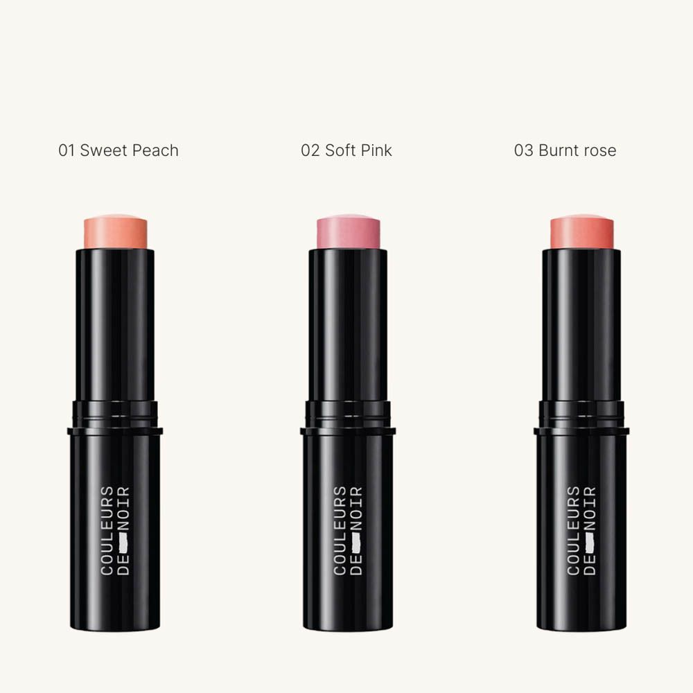 Trois sticks de blush crémeux. Les Couleurs de Noir. 01 Sweet Peach, 02 Soft Pink, 03 Burnt Rose.