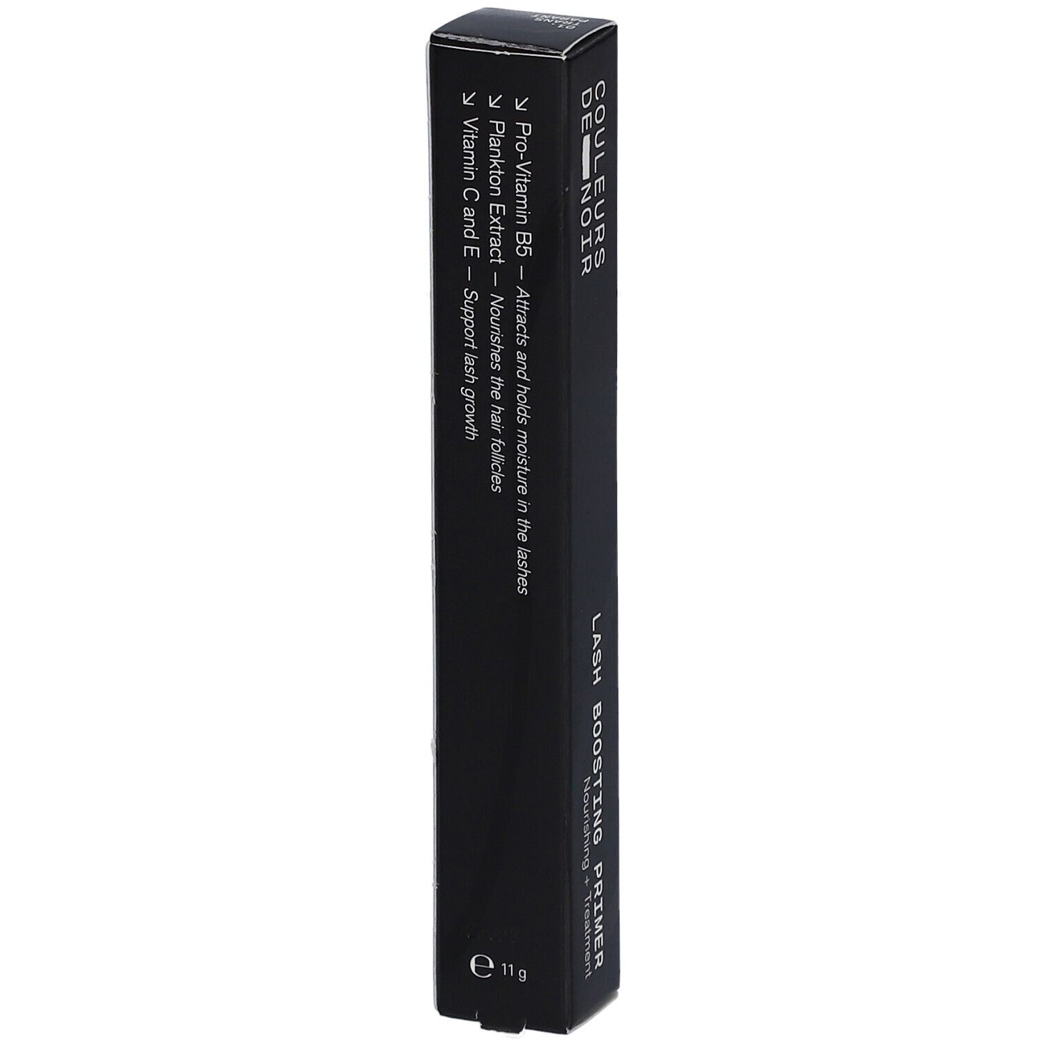 Emballage noir et long. "COULEURS DE NOIR" et "LASH BOOSTING PRIMER". Ingrédients listés.