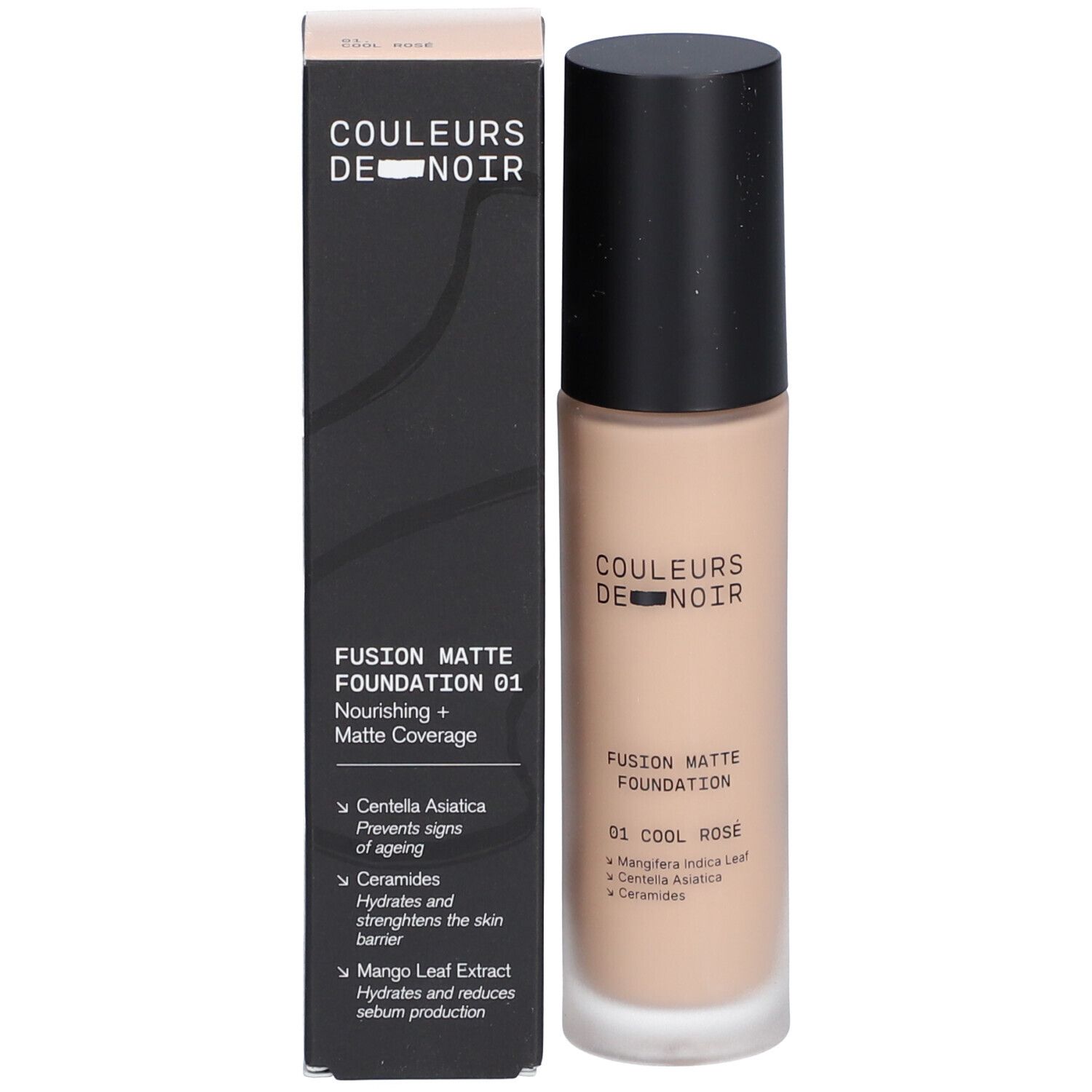 Fond de teint Couleurs De Noir. Emballage et flacon noirs. Texte: Fusion Matte Foundation 01 Cool Rosé.