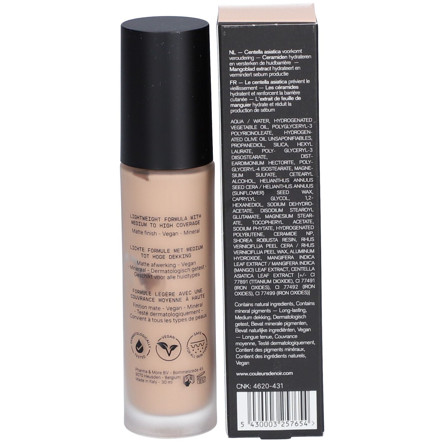 Flacon et emballage de fond de teint. Texte: Lightweight formula, matte finish. Ingrédients.