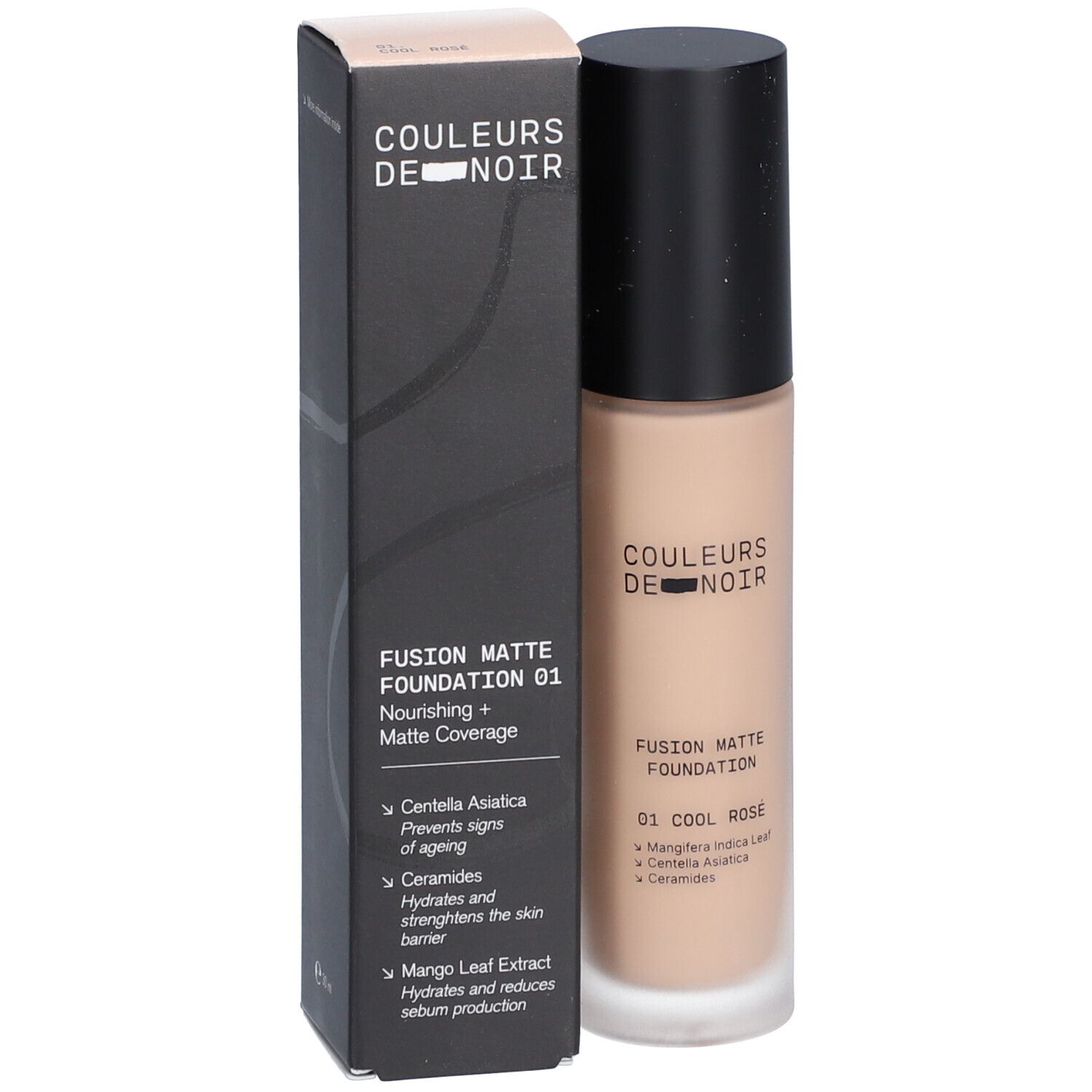 Fond de teint Couleurs De Noir. Emballage et flacon noirs. Texte: Fusion Matte Foundation 01 Cool Rosé.