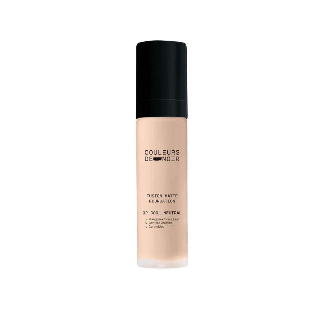COULEURS DE NOIR Fusion Matte Foundation 02 Cool Neutral. Flacon. Bouchon noir, fond de teint beige.