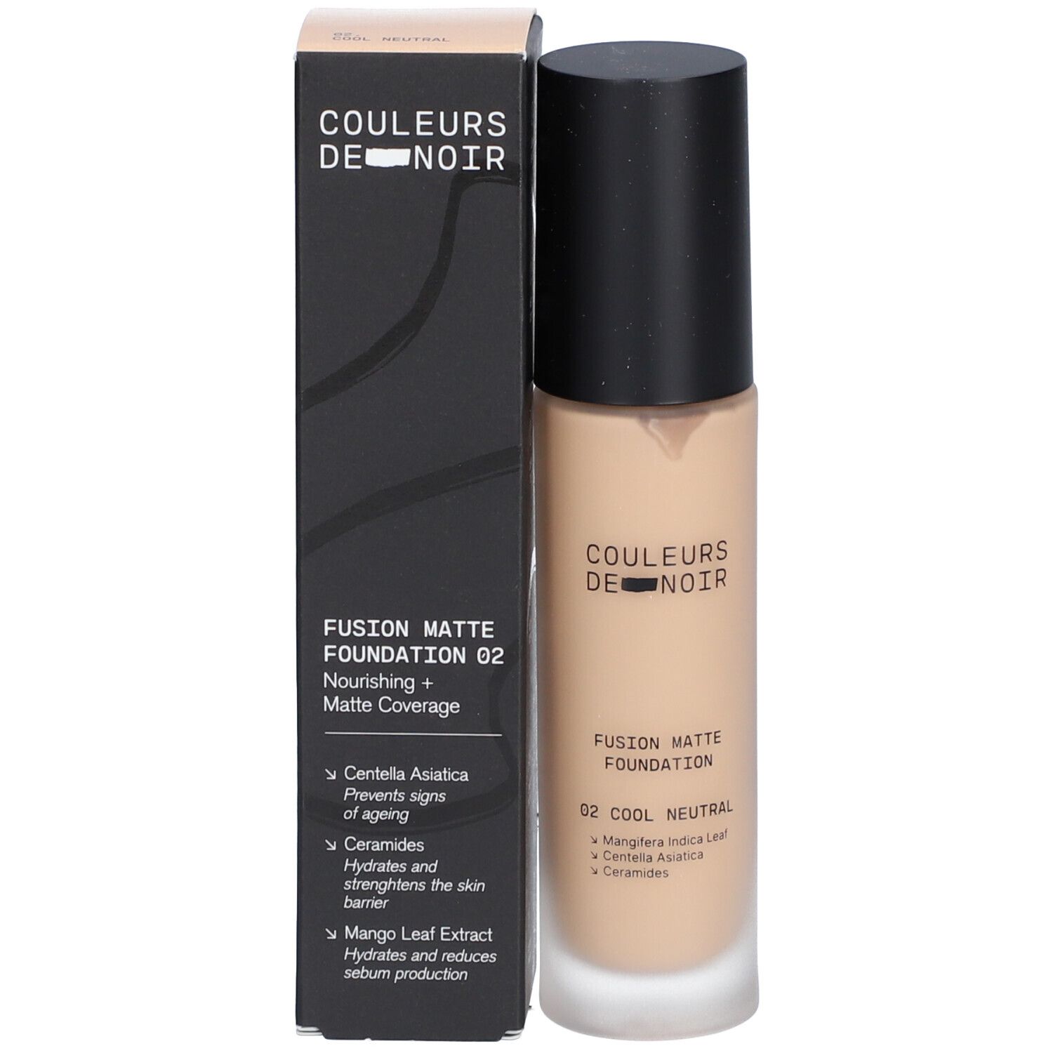 COULEURS DE NOIR Fusion Matte Foundation 02 Cool Neutral. Flacon et boîte. Bouchon noir, fond de teint beige.