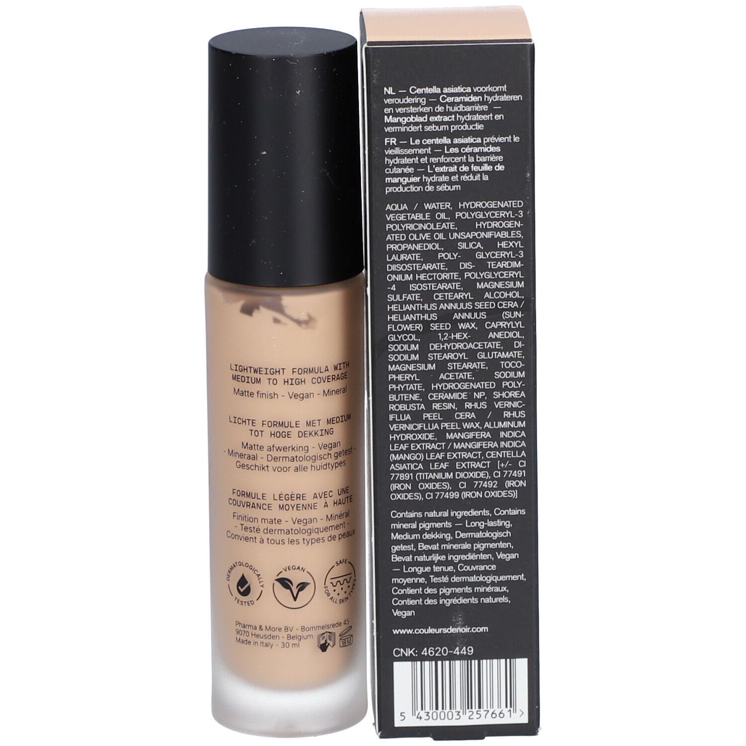 COULEURS DE NOIR Fusion Matte Foundation. Flacon et boîte. Texte avec ingrédients et logo vegan.