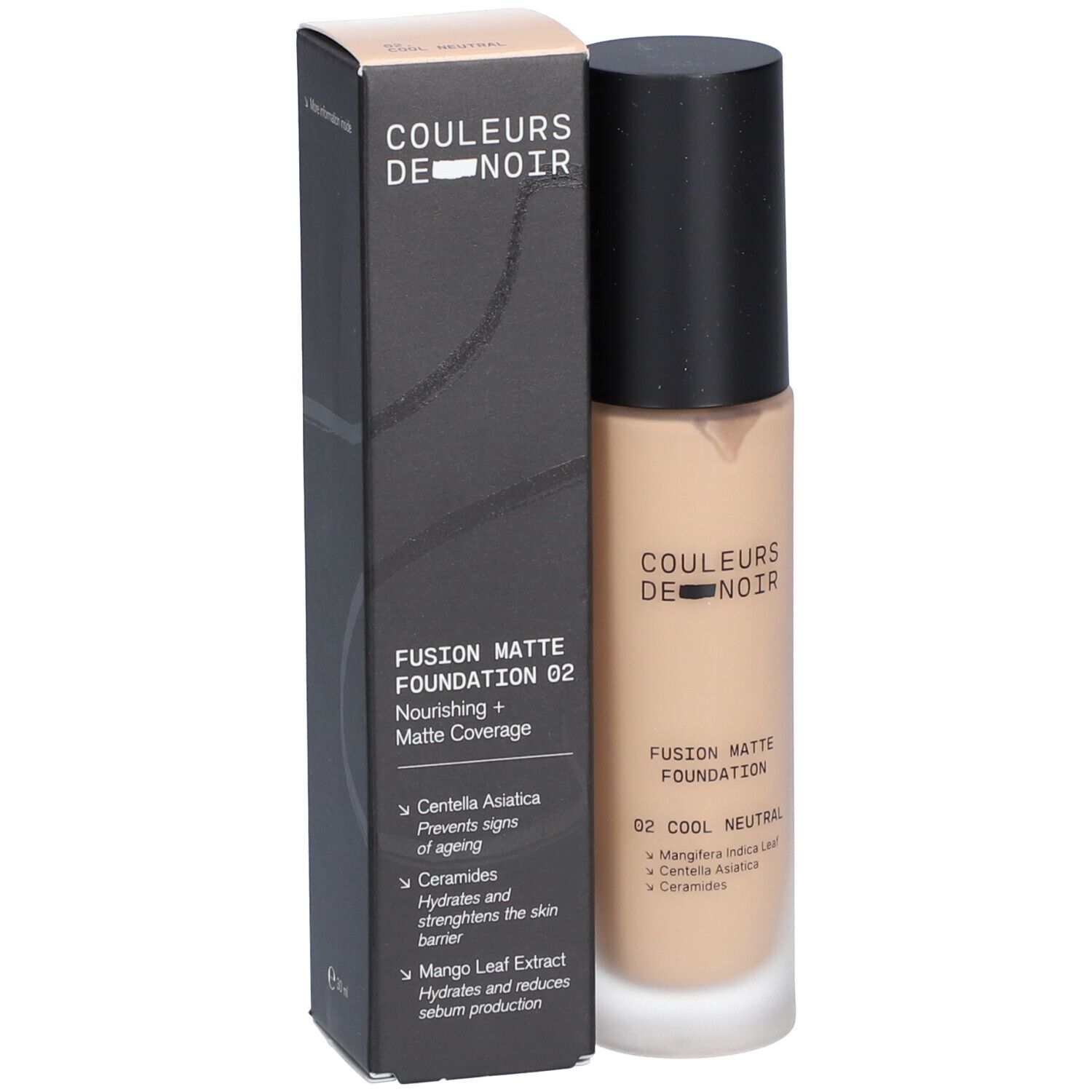 COULEURS DE NOIR Fusion Matte Foundation 02 Cool Neutral. Flacon et boîte. Bouchon noir, fond de teint beige.