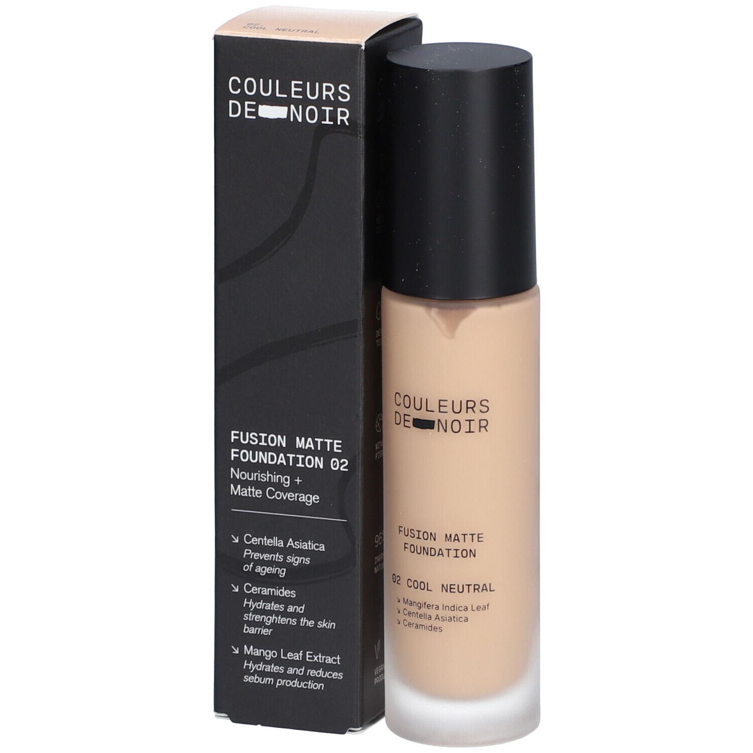 COULEURS DE NOIR Fusion Matte Foundation 02 Cool Neutral. Flacon. Bouchon noir, fond de teint beige.
