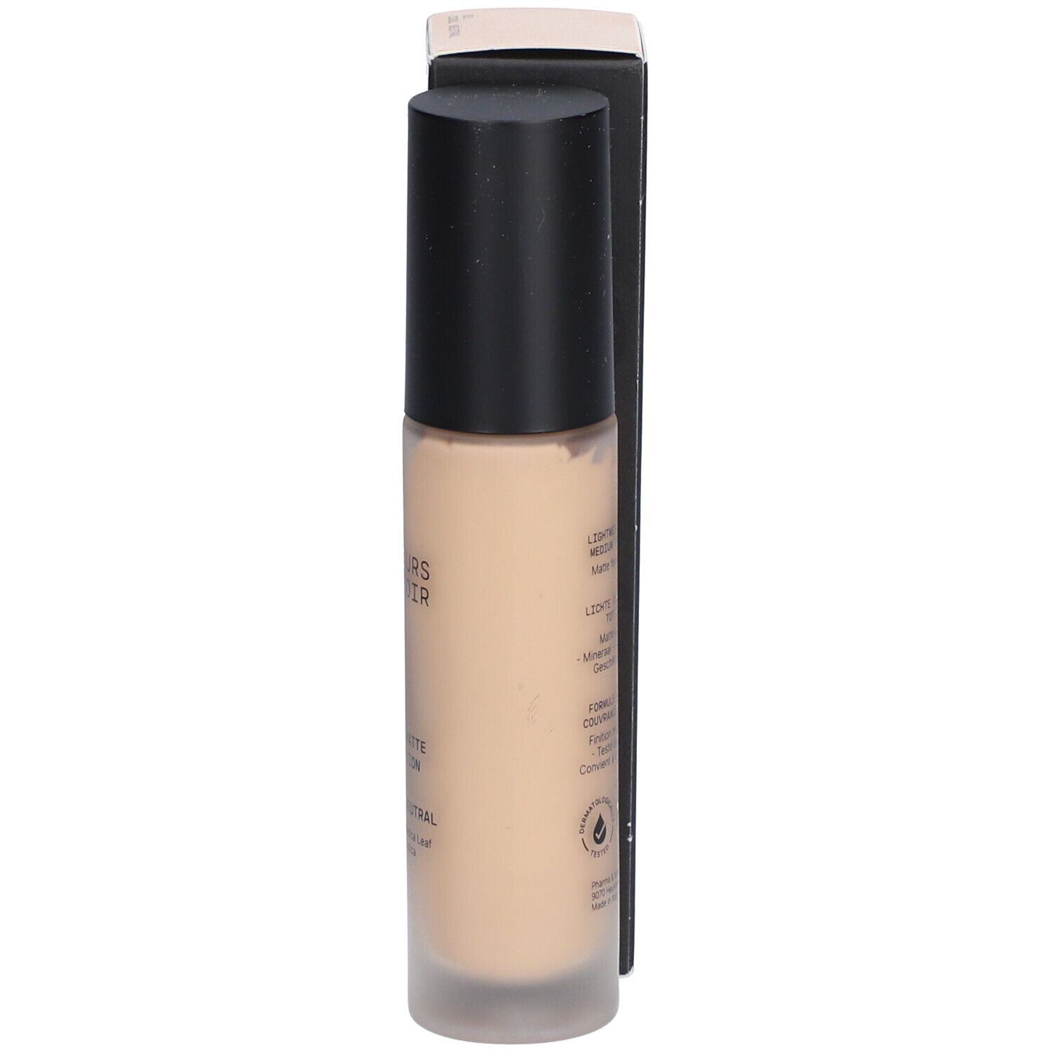 COULEURS DE NOIR Fusion Matte Foundation. Flacon. Bouchon noir, fond de teint beige.