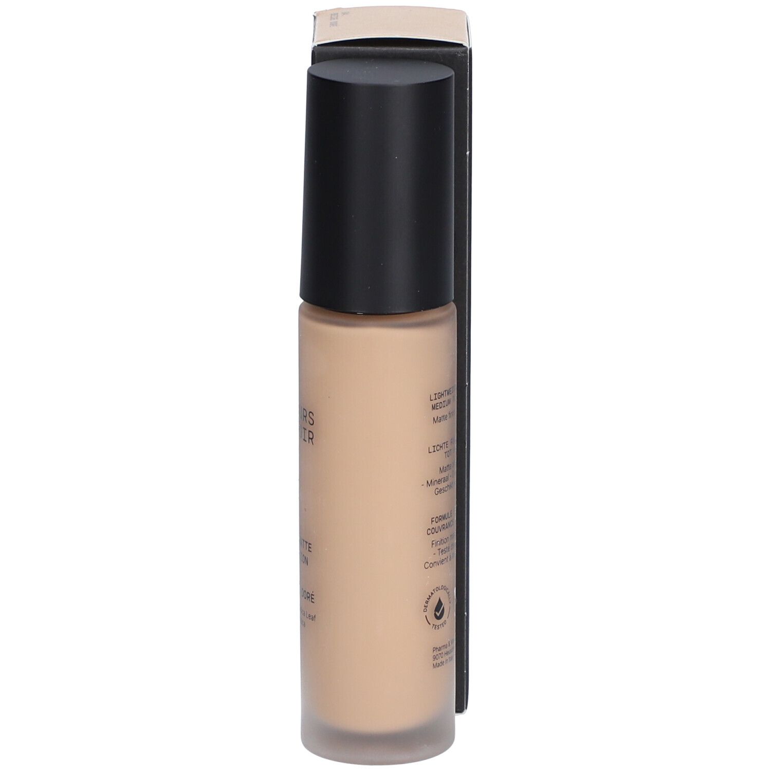 Foundationfles en doos. Op de fles staat 'Couleurs de Noir' en 'Fusion Matte'.