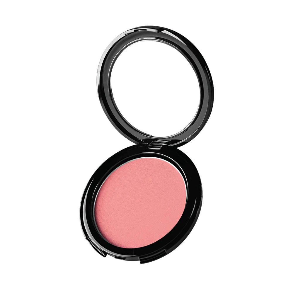 Blush compact rond noir ouvert. Poudre rose avec miroir. Couvercle avec miroir.