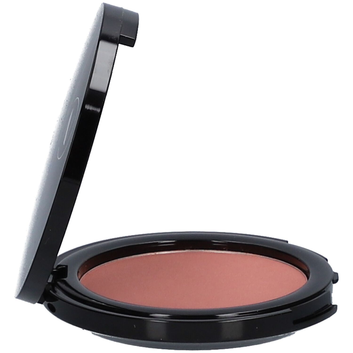 Blush compact rond noir ouvert. Poudre rose. Couvercle ouvert.