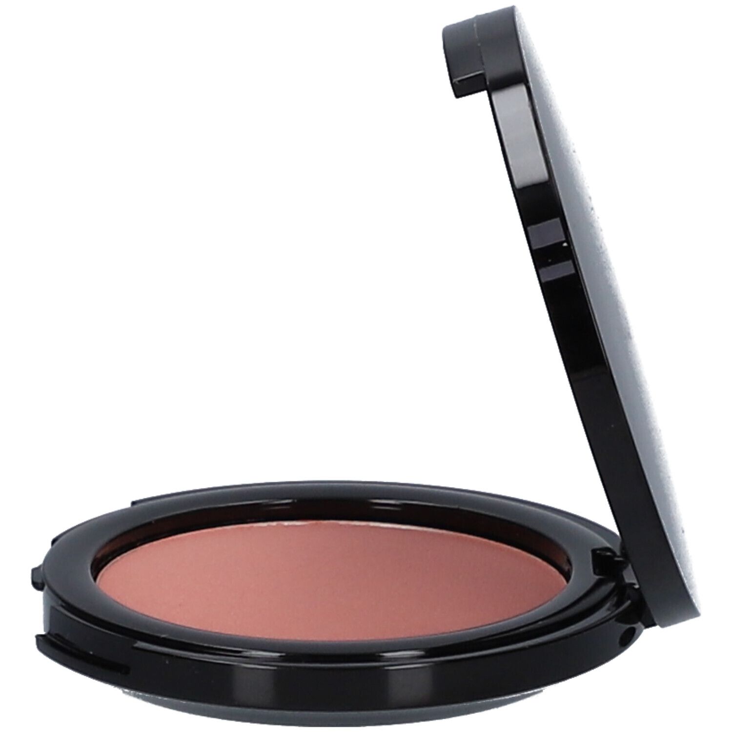 Blush compact rond noir ouvert. Poudre rose. Couvercle ouvert.