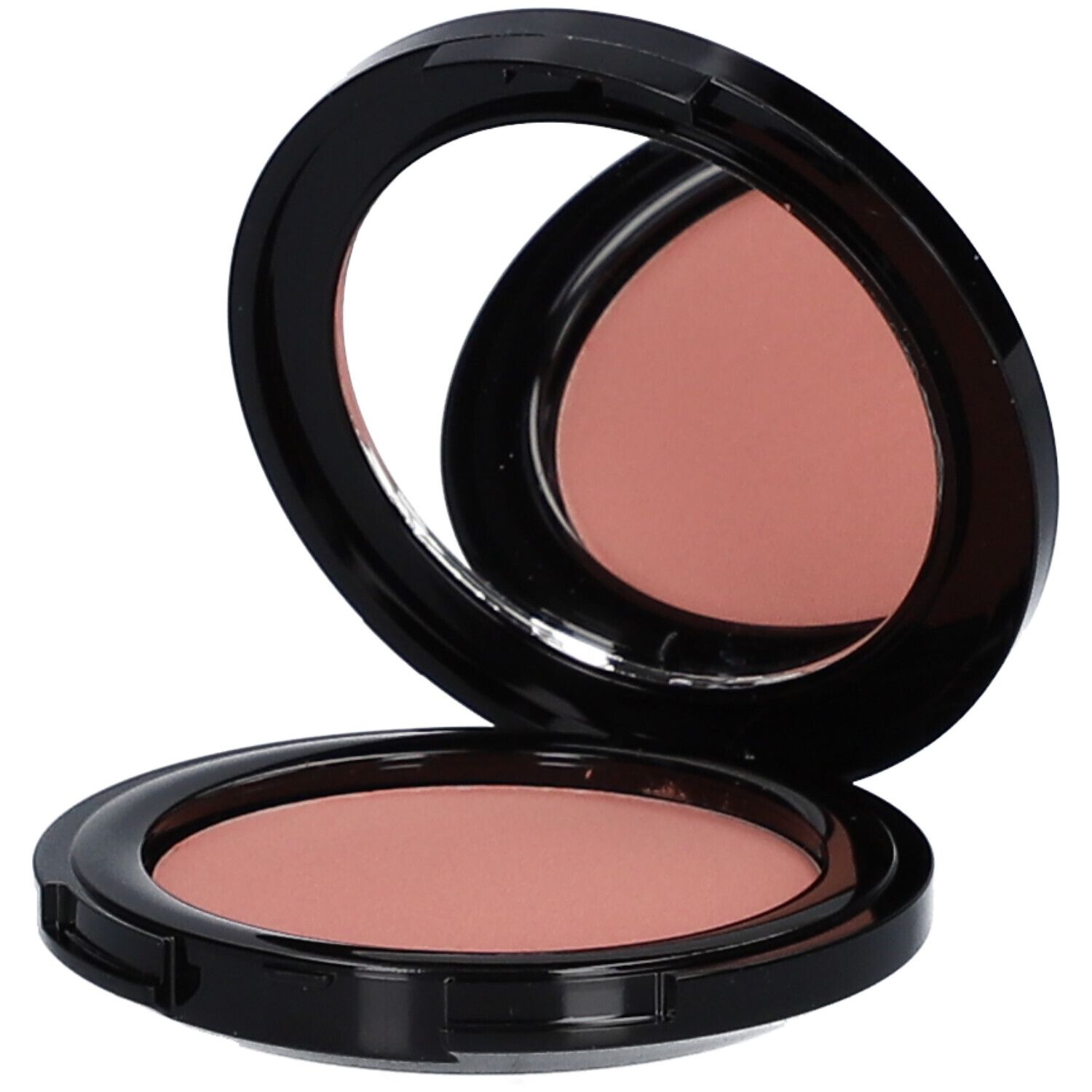 Blush compact rond noir ouvert. Poudre rose avec miroir. Couvercle avec miroir.