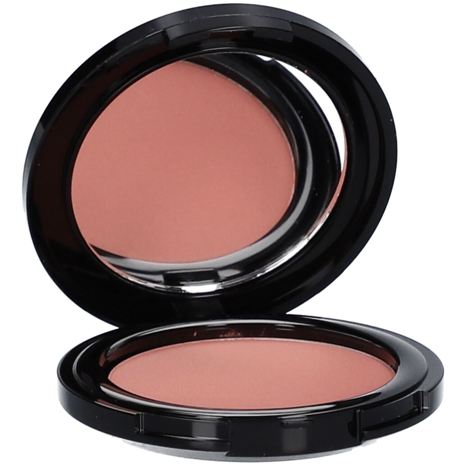 Blush compact rond noir ouvert. Poudre rose avec miroir. Couvercle avec miroir.