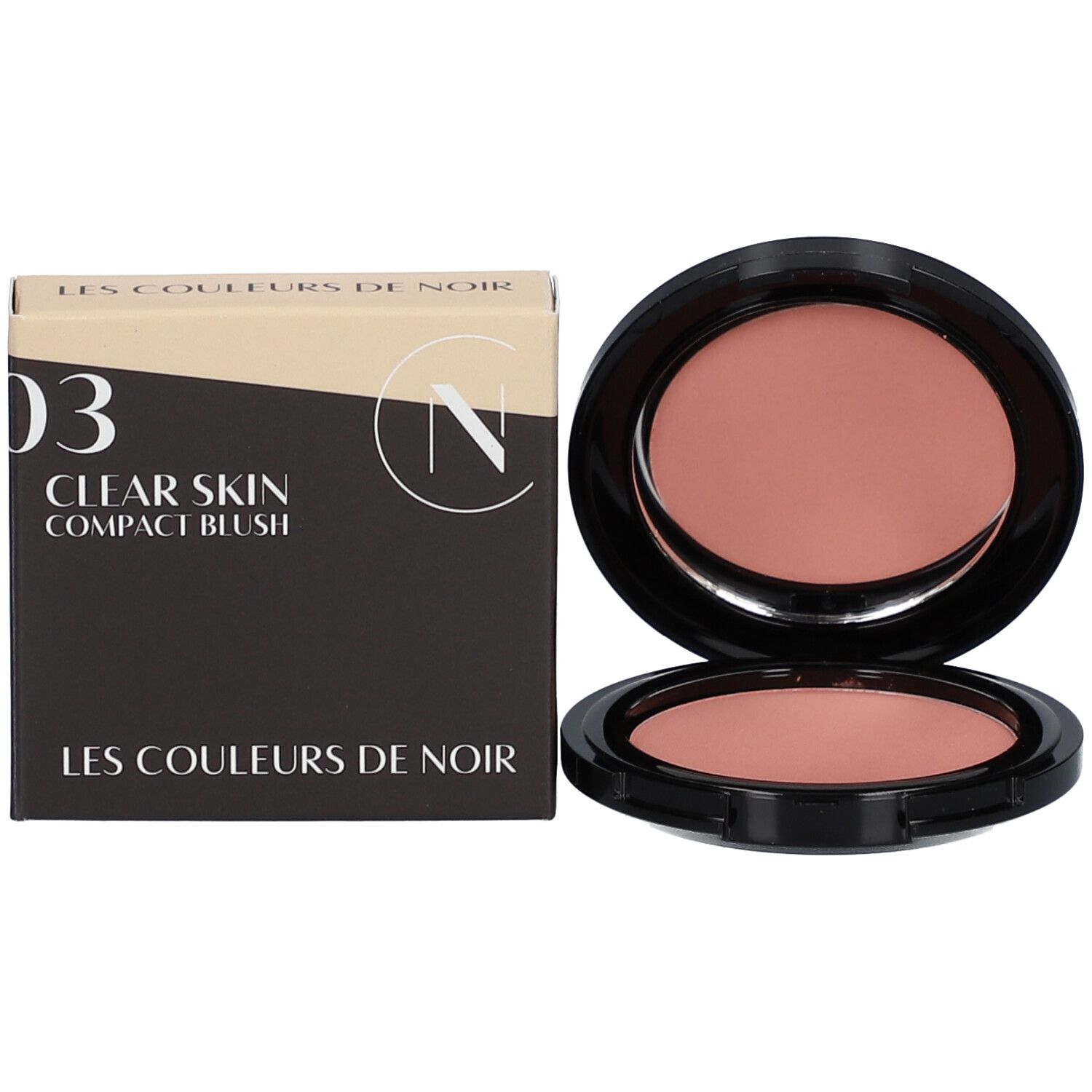 Blush compact et emballage. Emballage noir avec texte et logo. Blush ouvert.