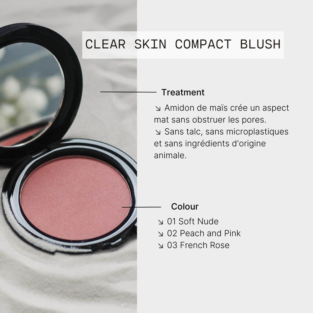 Blush compact avec texte. Texte sur le traitement et les couleurs. Blush ouvert.