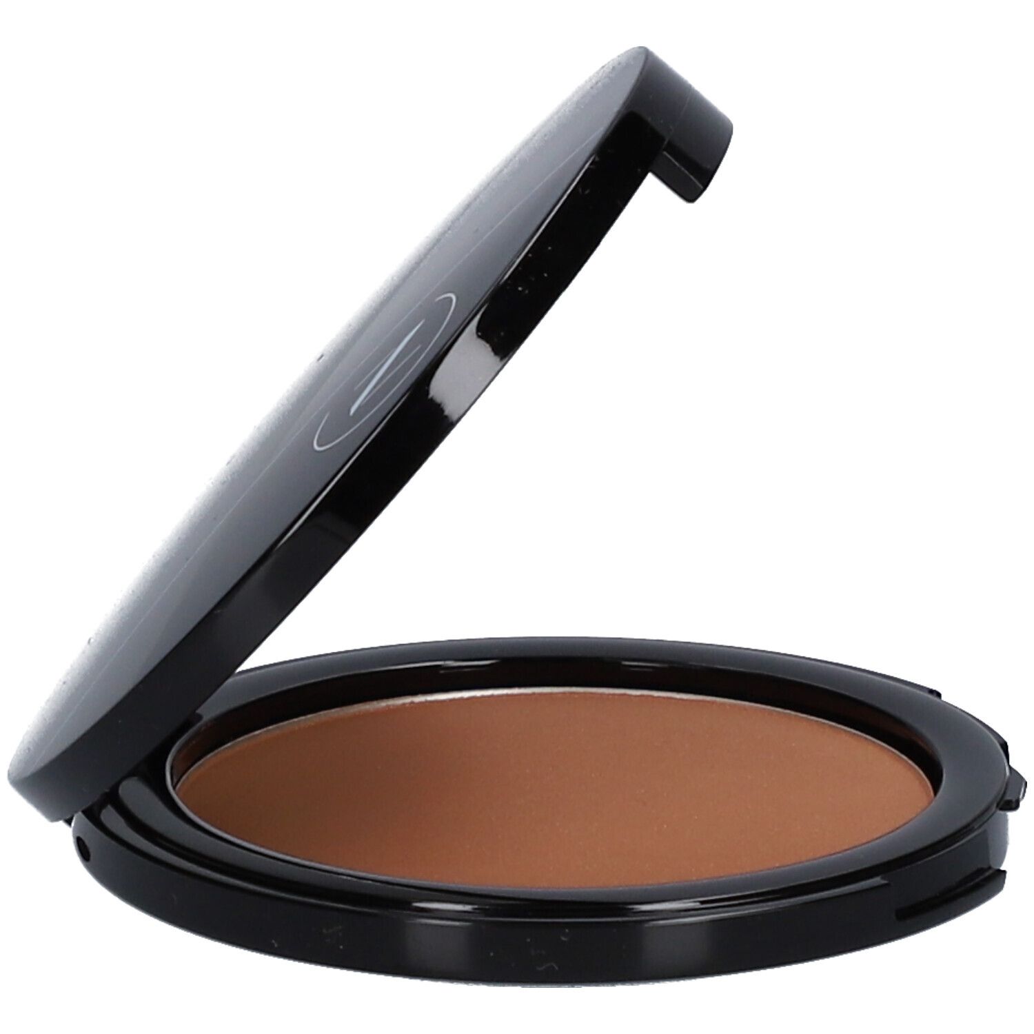 Kompakt-Bronzer. Schwarzes Gehäuse, braune Farbe. Deckel halb geöffnet.
