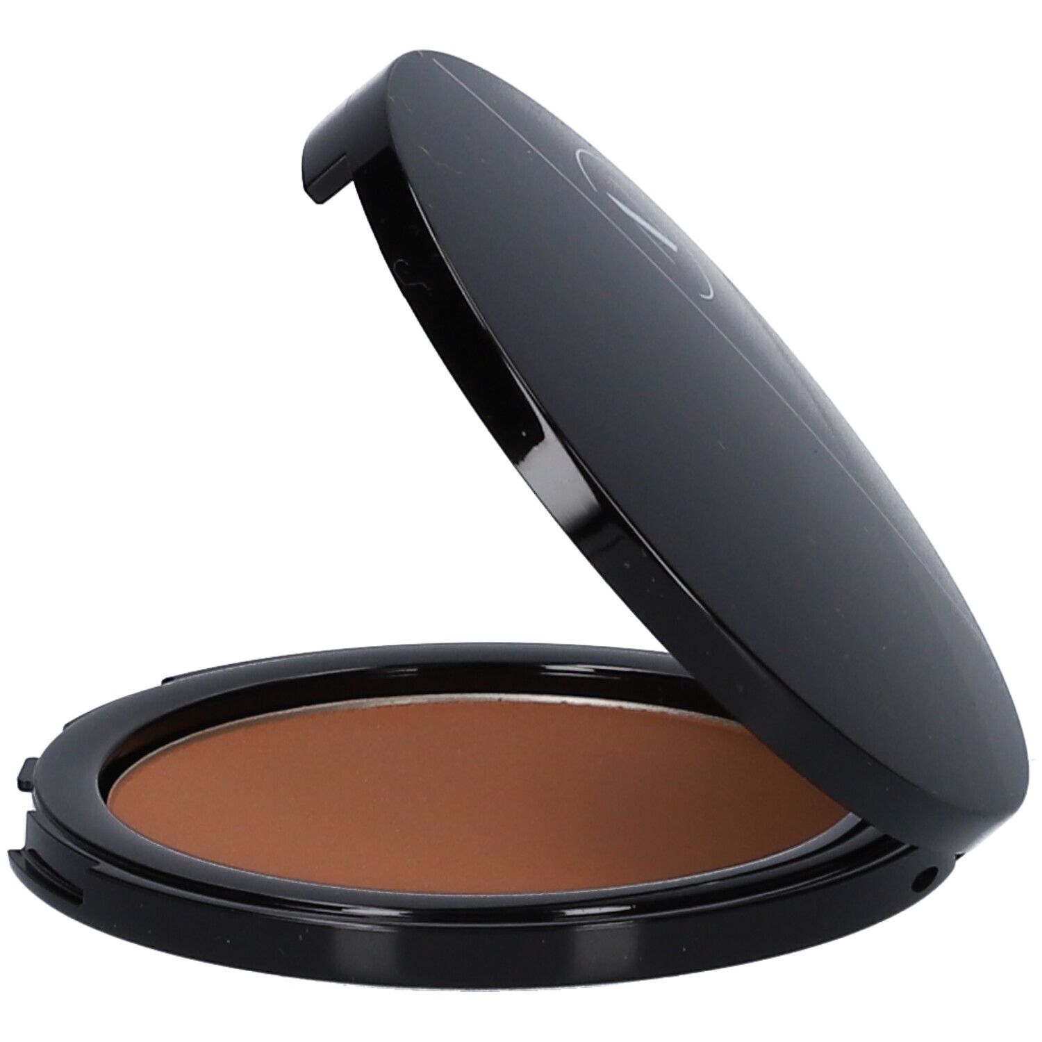 Kompakt-Bronzer. Schwarzes Gehäuse, braune Farbe. Deckel halb geöffnet.