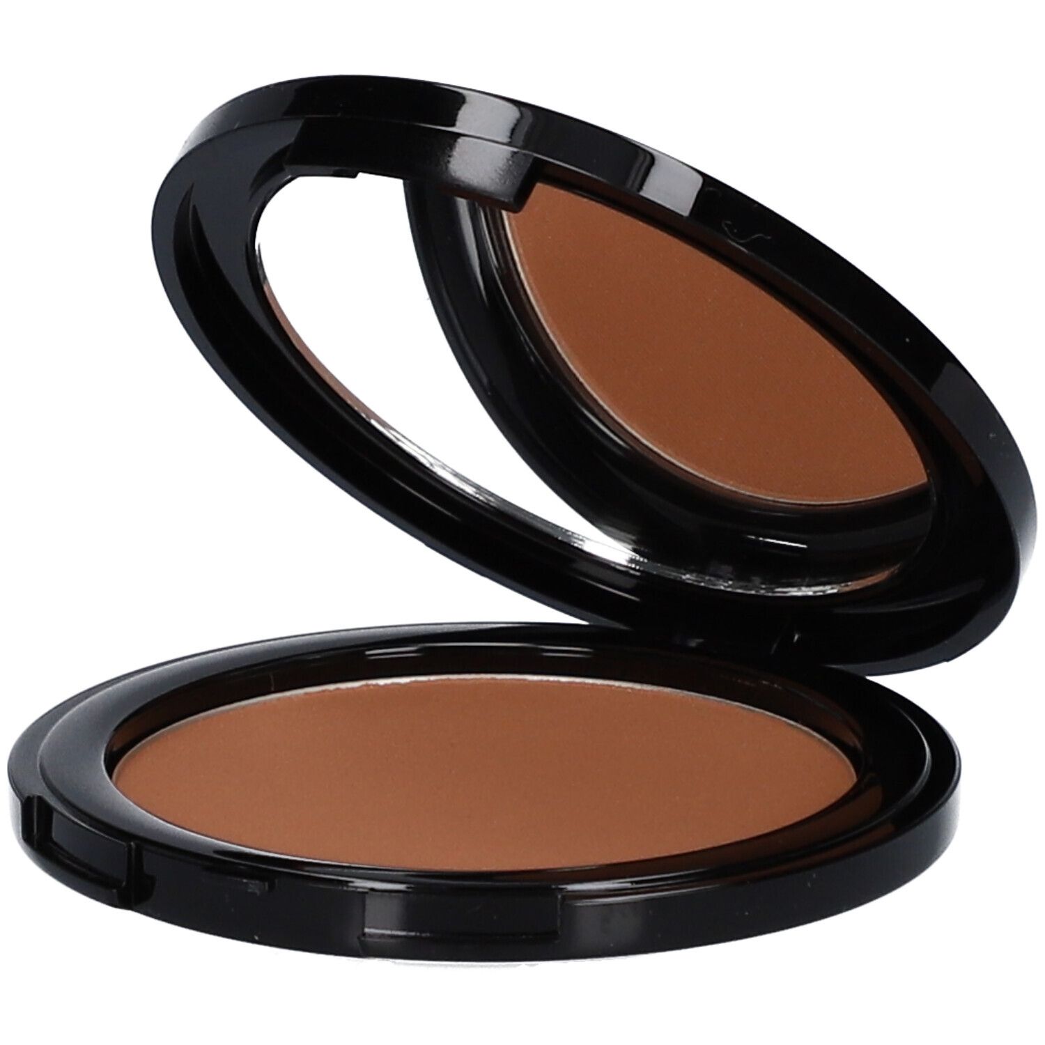 Kompakt-Bronzer mit Spiegel. Schwarzes Gehäuse, braune Farbe. Deckel geöffnet.