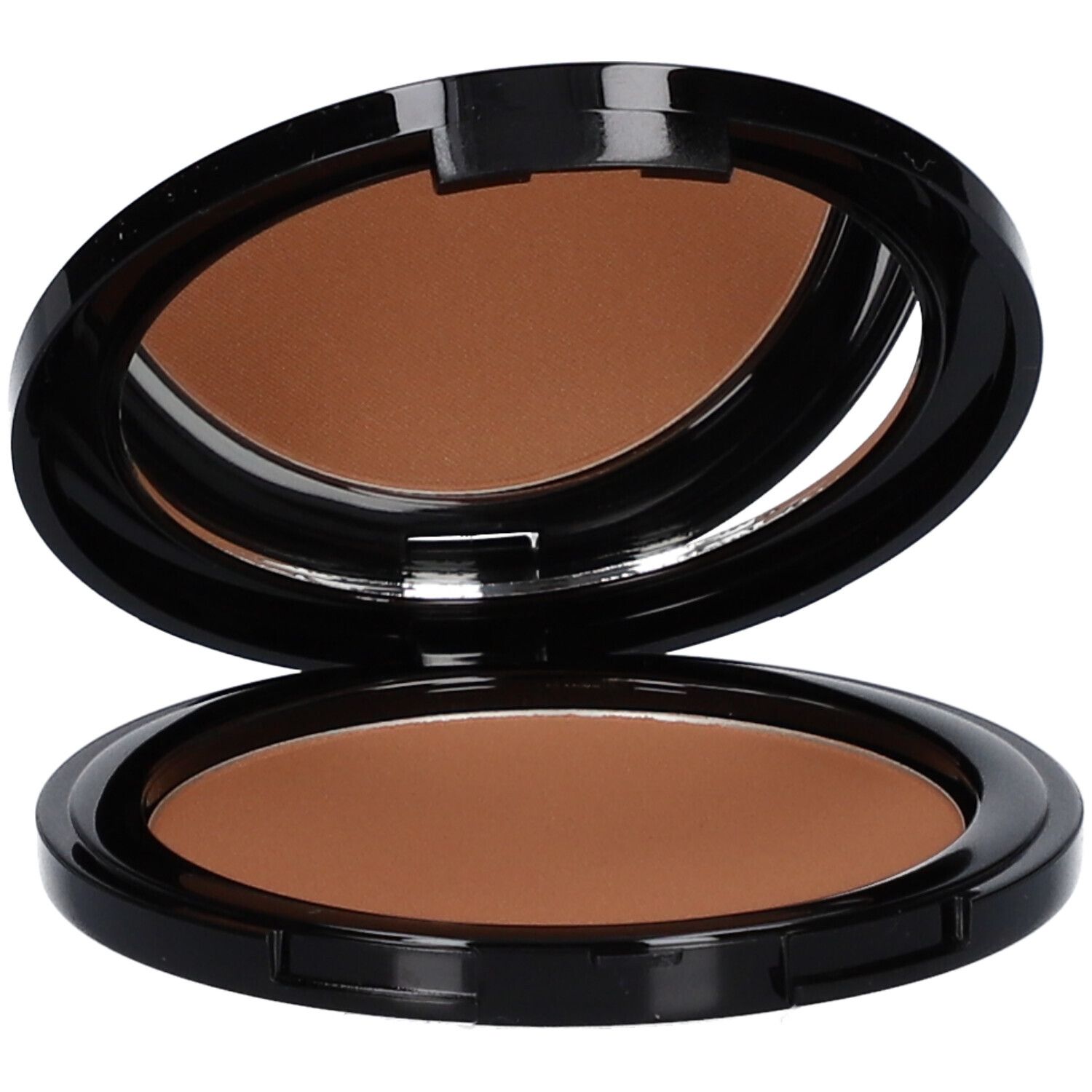 Kompakt-Bronzer mit Spiegel. Schwarzes Gehäuse, braune Farbe. Deckel geöffnet.