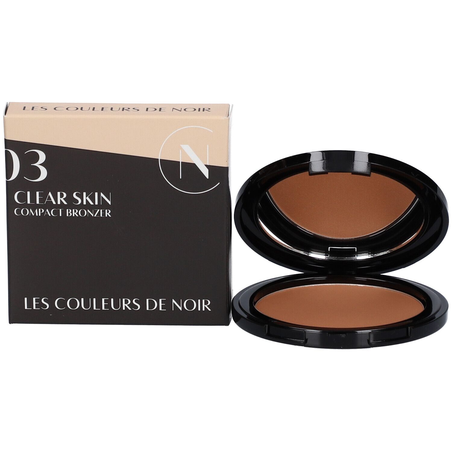 Kompakt-Bronzer und Verpackung. Schwarze Verpackung, Produkt sichtbar.