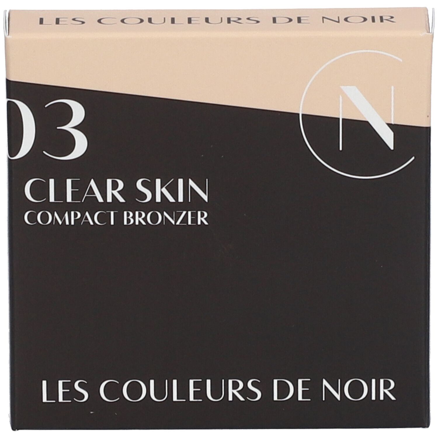 Verpackung des Kompakt-Bronzers. Schwarze Verpackung, Produktinformationen.