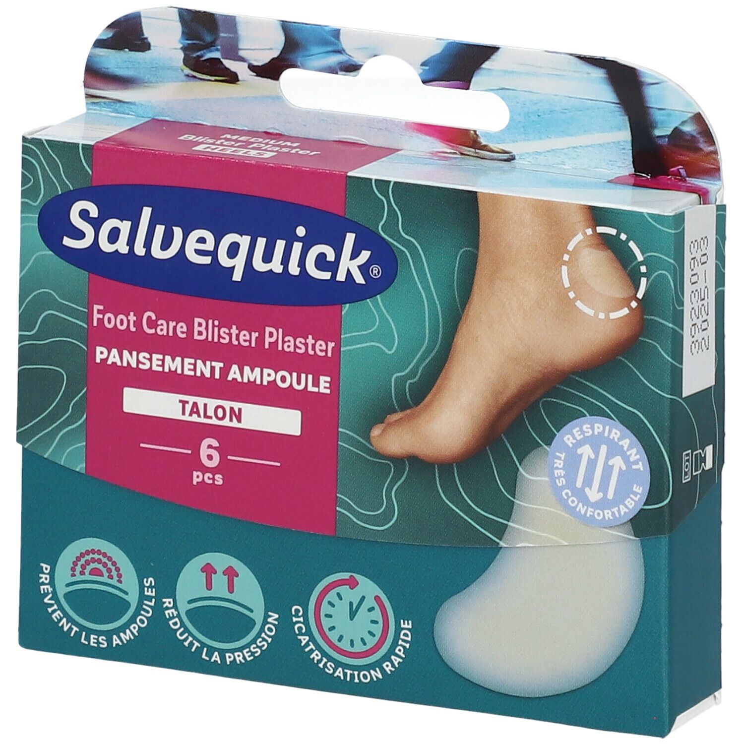 Pansements ampoules Salvequick pour talons. Boîte avec image de pied et pansement. Contient 6 pièces. Inscription: 'Talon'.