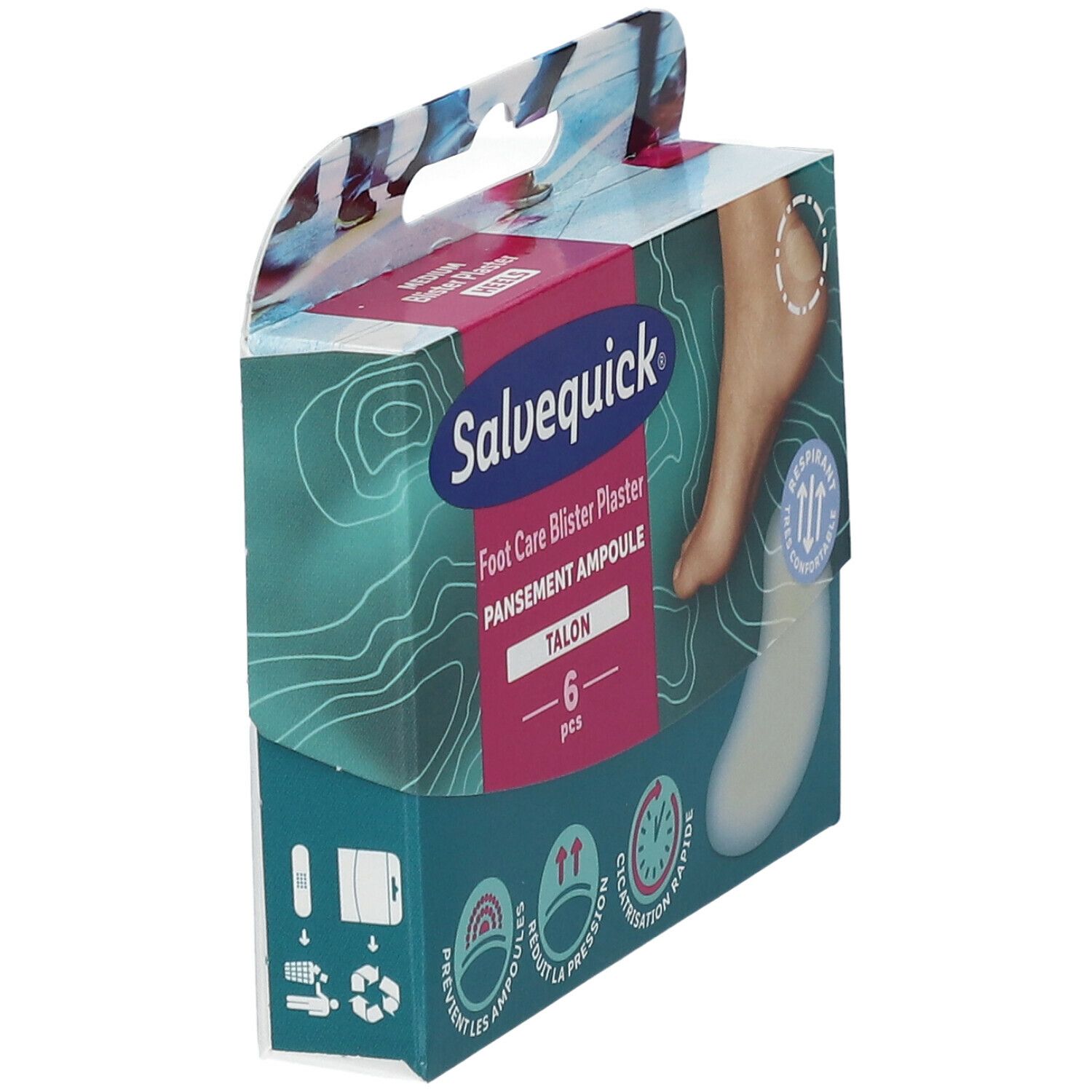 Pansements ampoules Salvequick pour talons. Boîte avec image de pied et pansement. Inscription: 'Talon'. 6 pièces.