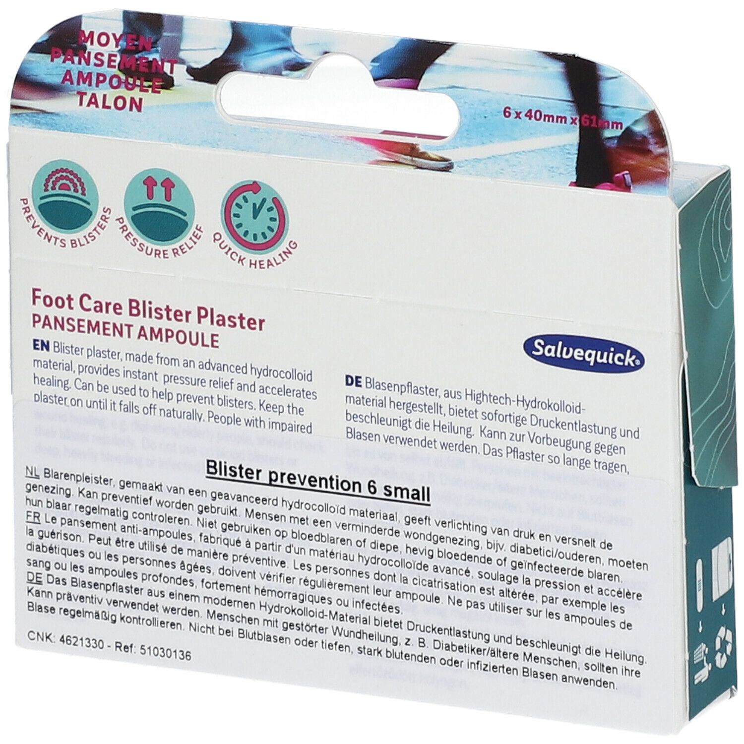 Dos de l'emballage des pansements ampoules Salvequick. Texte multilingue. Informations sur les ingrédients et l'utilisation.