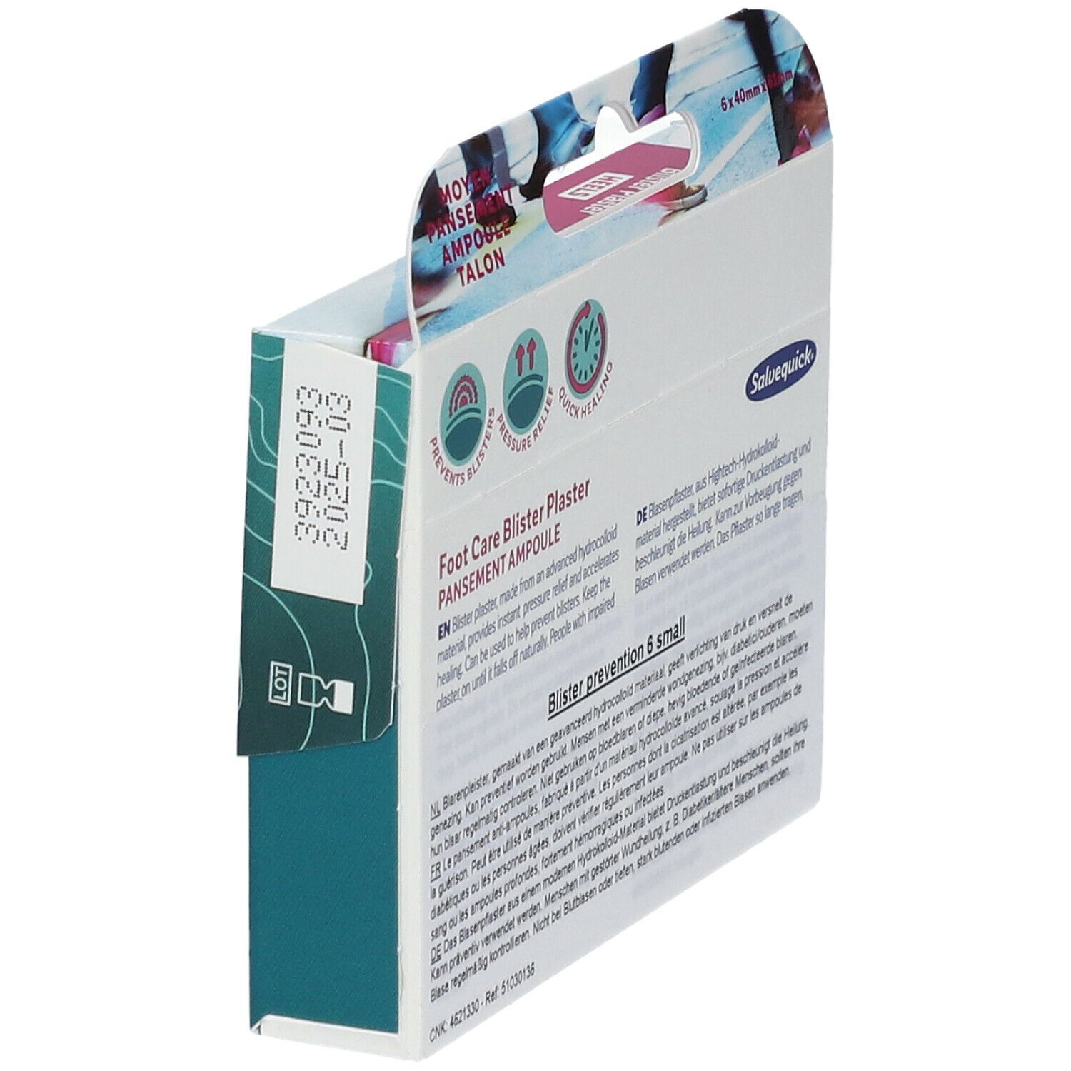 Dos de l'emballage des pansements ampoules Salvequick. Texte multilingue. Informations sur les ingrédients et l'utilisation.