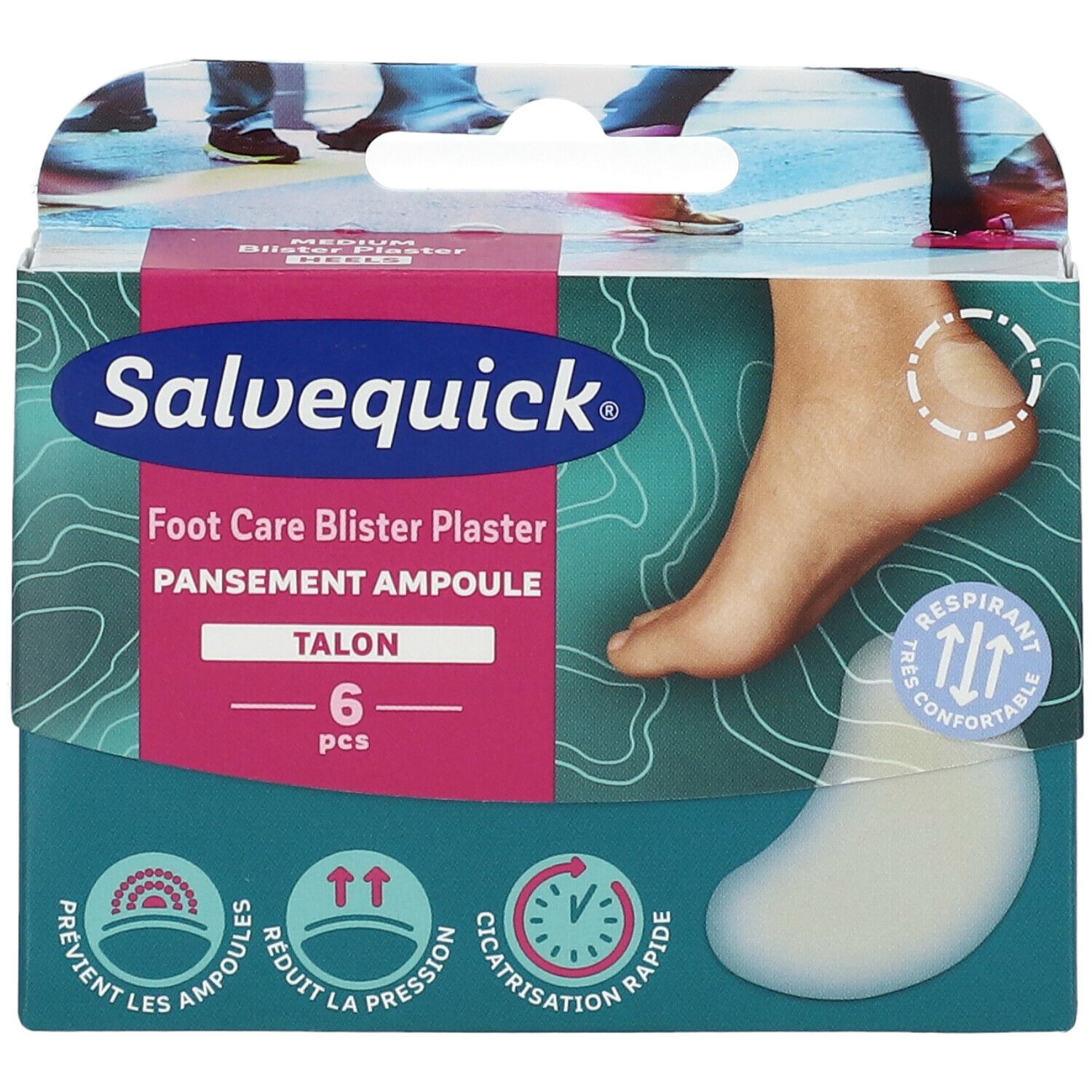 Pansements ampoules Salvequick pour talons. Boîte avec image de pied et pansement. Contient 6 pièces. Inscription: 'Talon'.