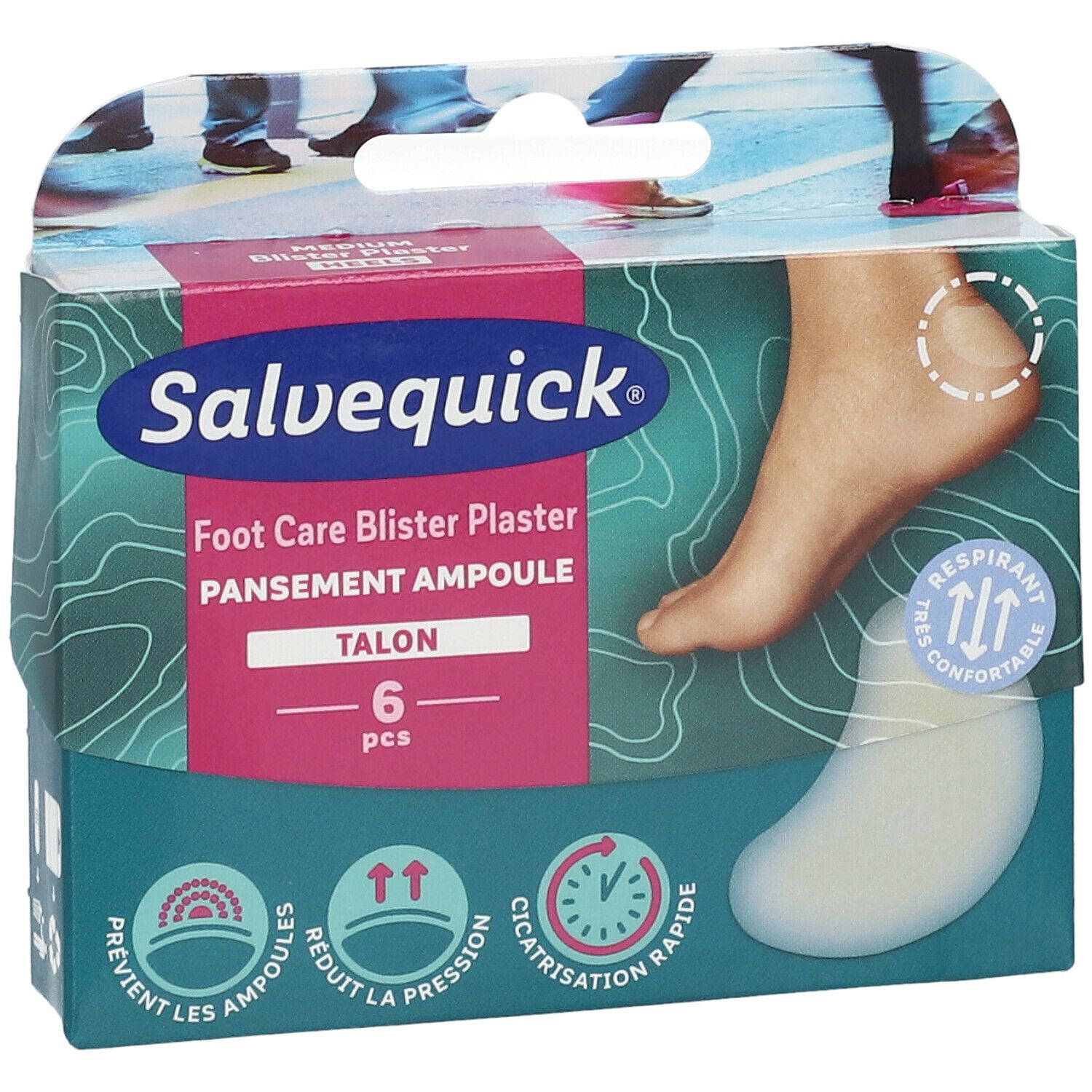 Pansements ampoules Salvequick pour talons. Boîte avec image de pied et pansement. Contient 6 pièces. Inscription: 'Talon'.