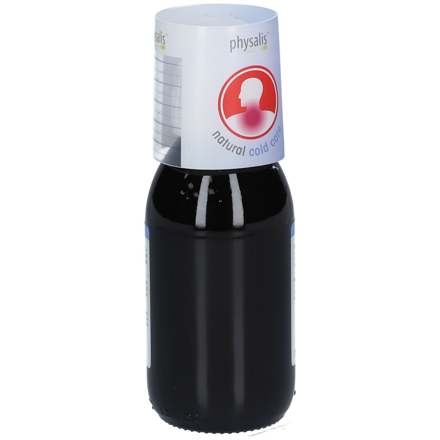 Bruine vloeistof in een glazen fles met maatbeker. Etiket met "Eucalyforce".