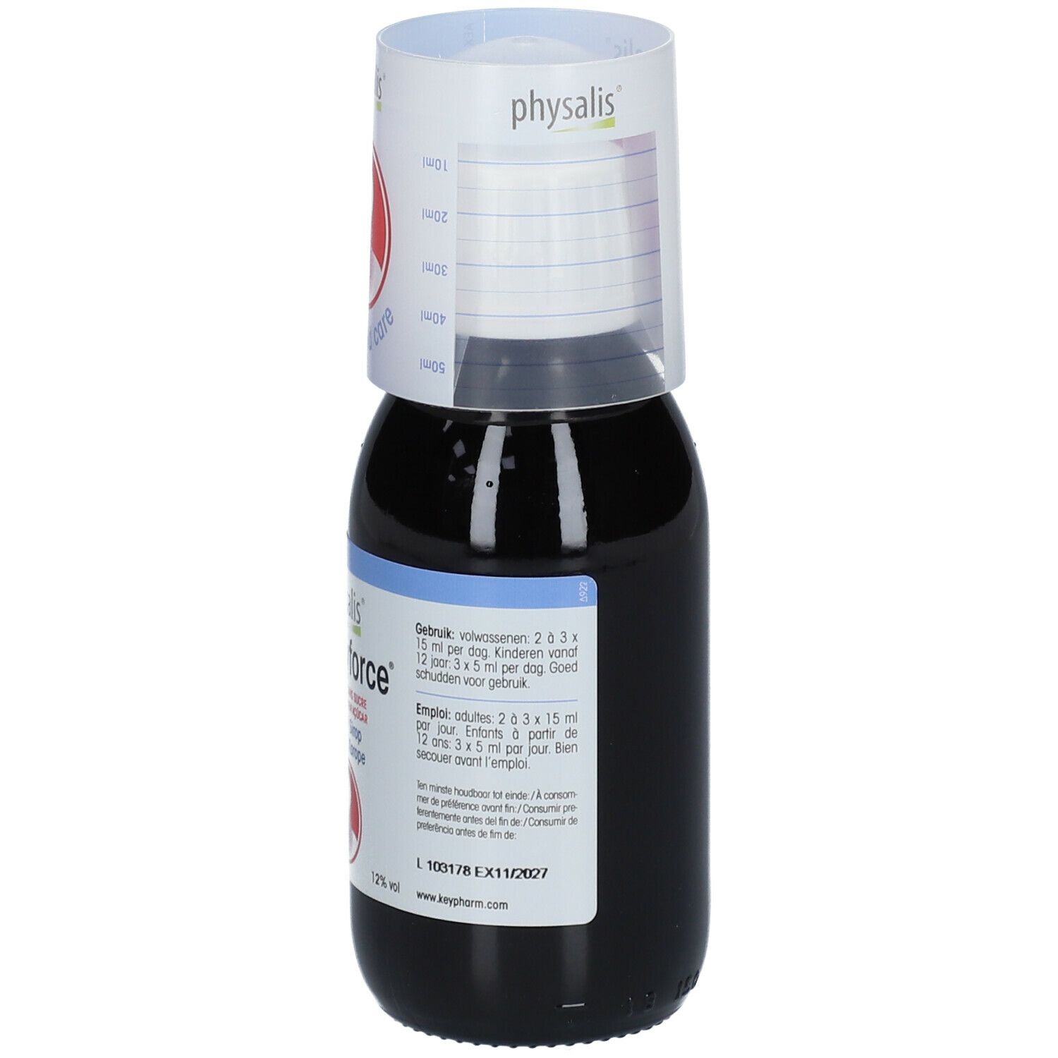 Bruine vloeistof in een glazen fles met maatbeker. Etiket met "Eucalyforce" en "125 ml".